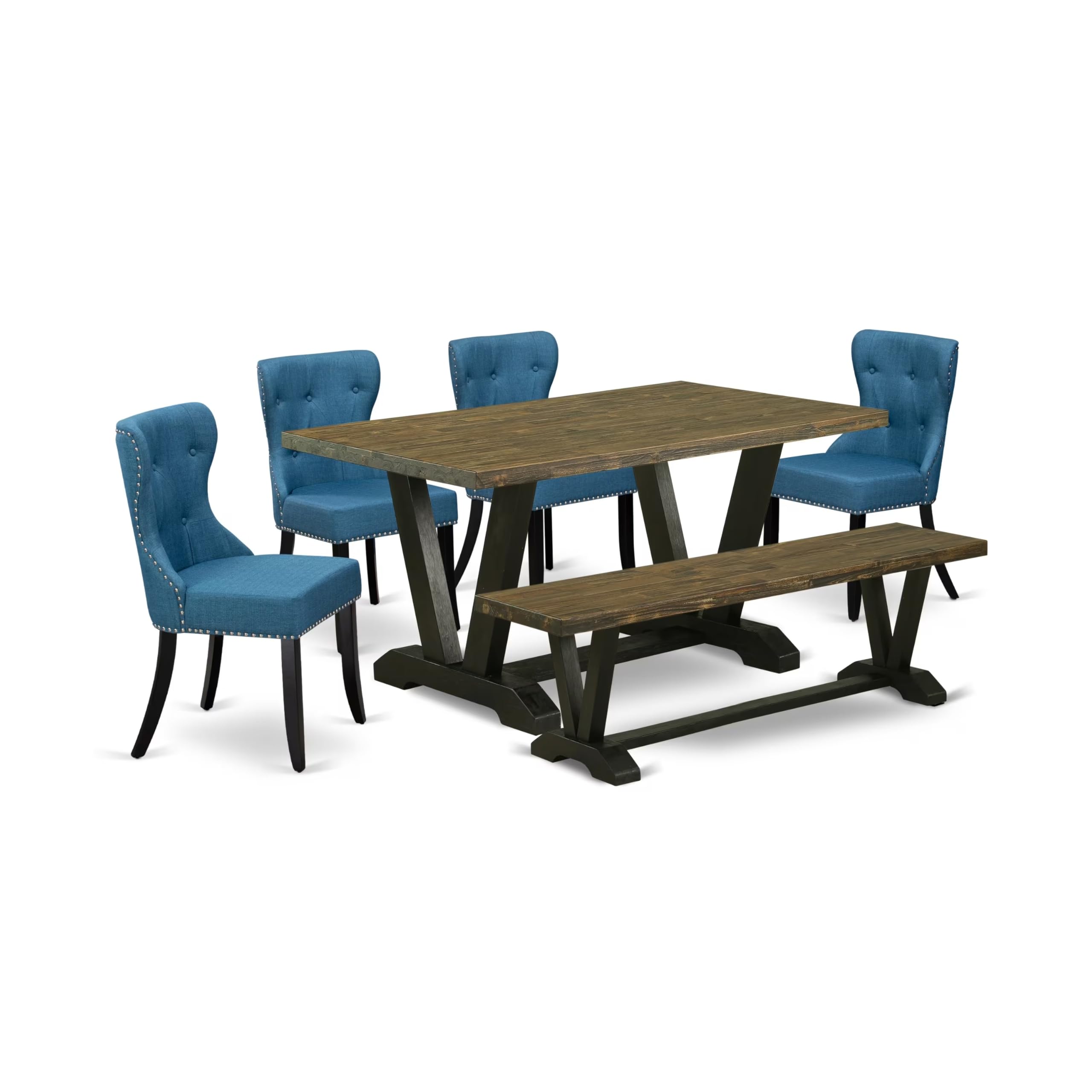 East West Furniture V676SI121-6 6 Piece Dining Set Contains a Rectangle Dining Room Table with V-Legs and 4 Blue Linen Fabric Up