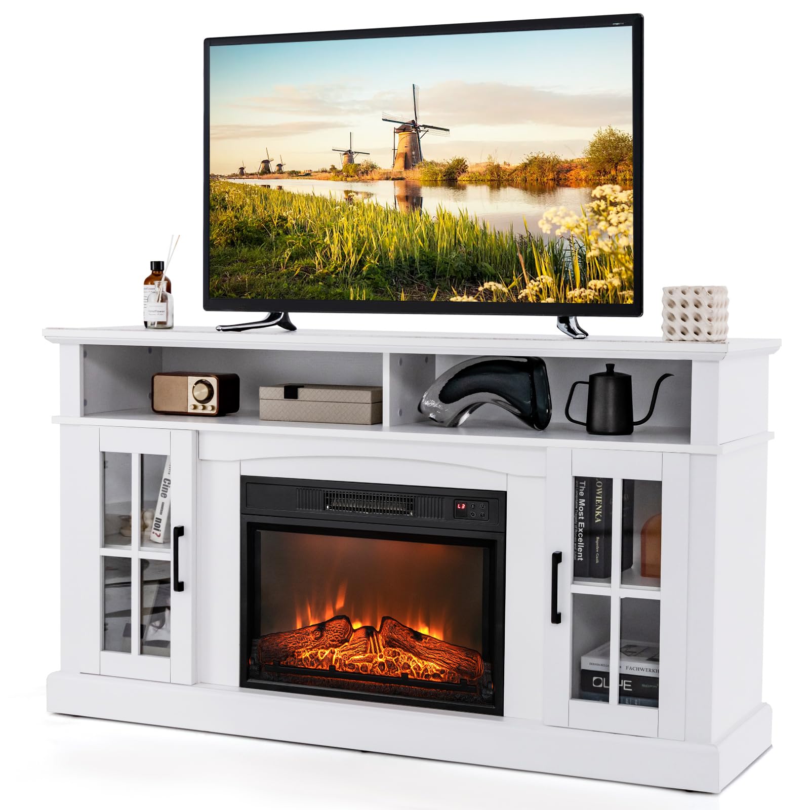 GOFLAME 58  TV Stand with Electric Fireplace Insert, Fireplace Entertainment Center with Side Cabinets & Adjustable Shelves, Ove