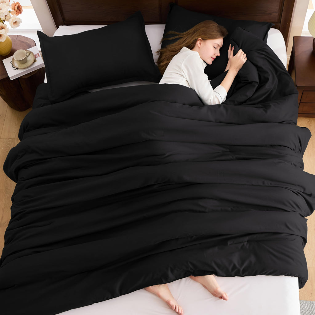 Andency Black California King Comforter Set, 3 Pieces Cal King Boho Soft Solid Bed Comforter, Oversized Lightweight Fluffy Microfiber Bedding Set (104X96In, 2 Pillowcases)