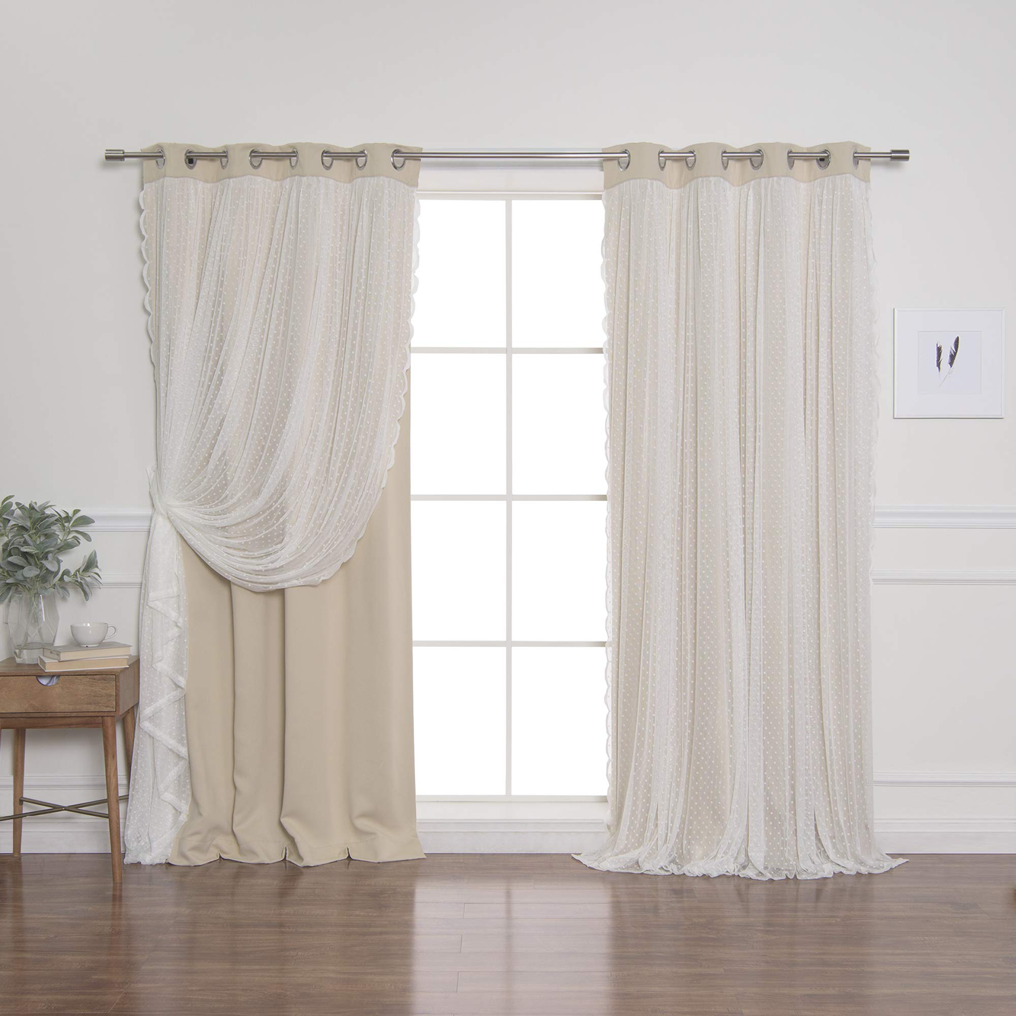 Best Home Fashion Closeout Dotted Lace Overlay Thermal Insulated Blackout Curtains - Stainless Steel Nickel Grommet Top - Beige