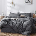 Moomee Bedding Duvet Cover Set 100% Washed Cotton Linen Like Textured Breathable Durable Soft Comfy (Dark Grey, Super Queen)