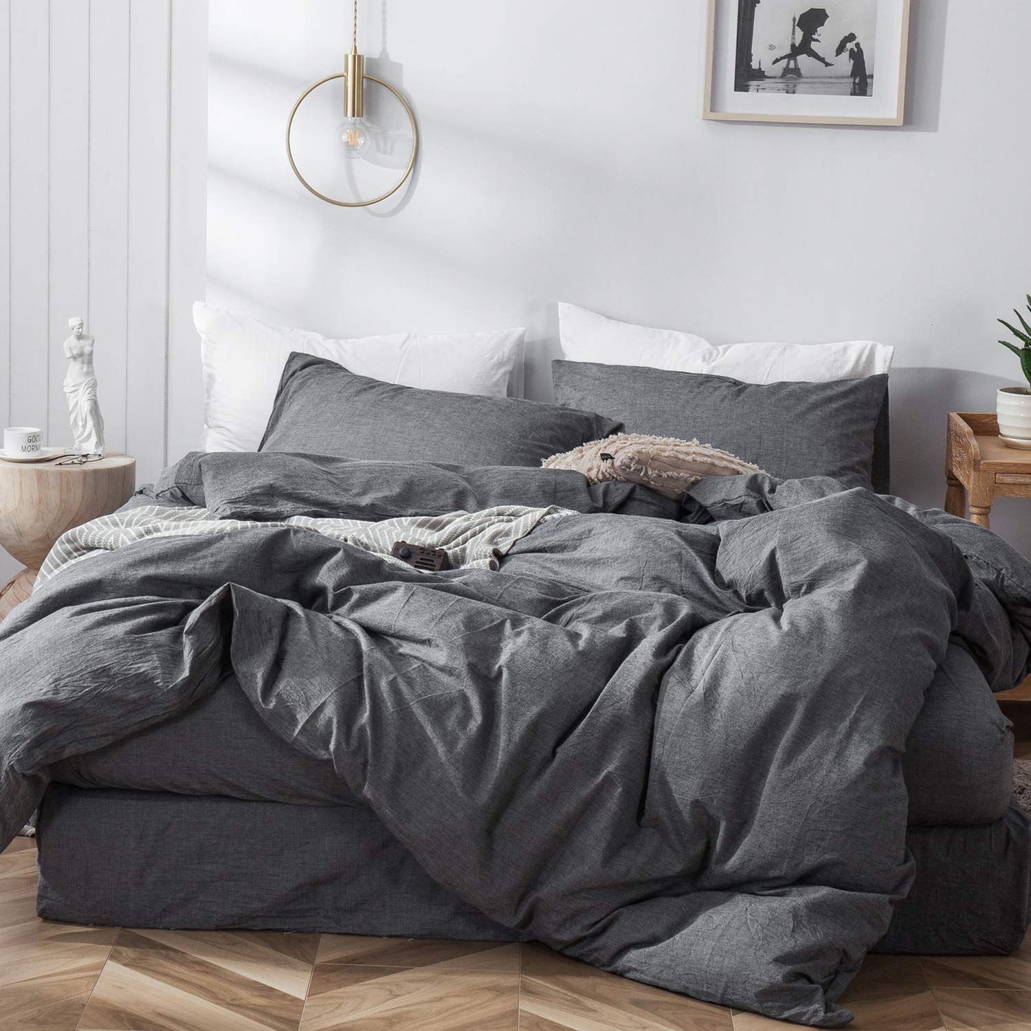 Moomee Bedding Duvet Cover Set 100% Washed Cotton Linen Like Textured Breathable Durable Soft Comfy (Dark Grey, Super Queen)