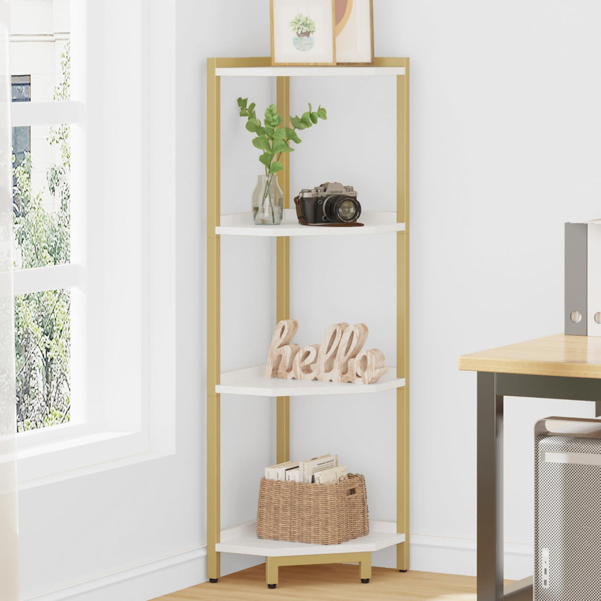Hzuaneri Corner Shelf Stand, Corner Bookshelf, Storage Standing Shelf Unit With Metal Frame, Plant Stand, Corner Bookcase For Living Room, Home Office, Bedroom, 4-Tier White Gold Cs05803A