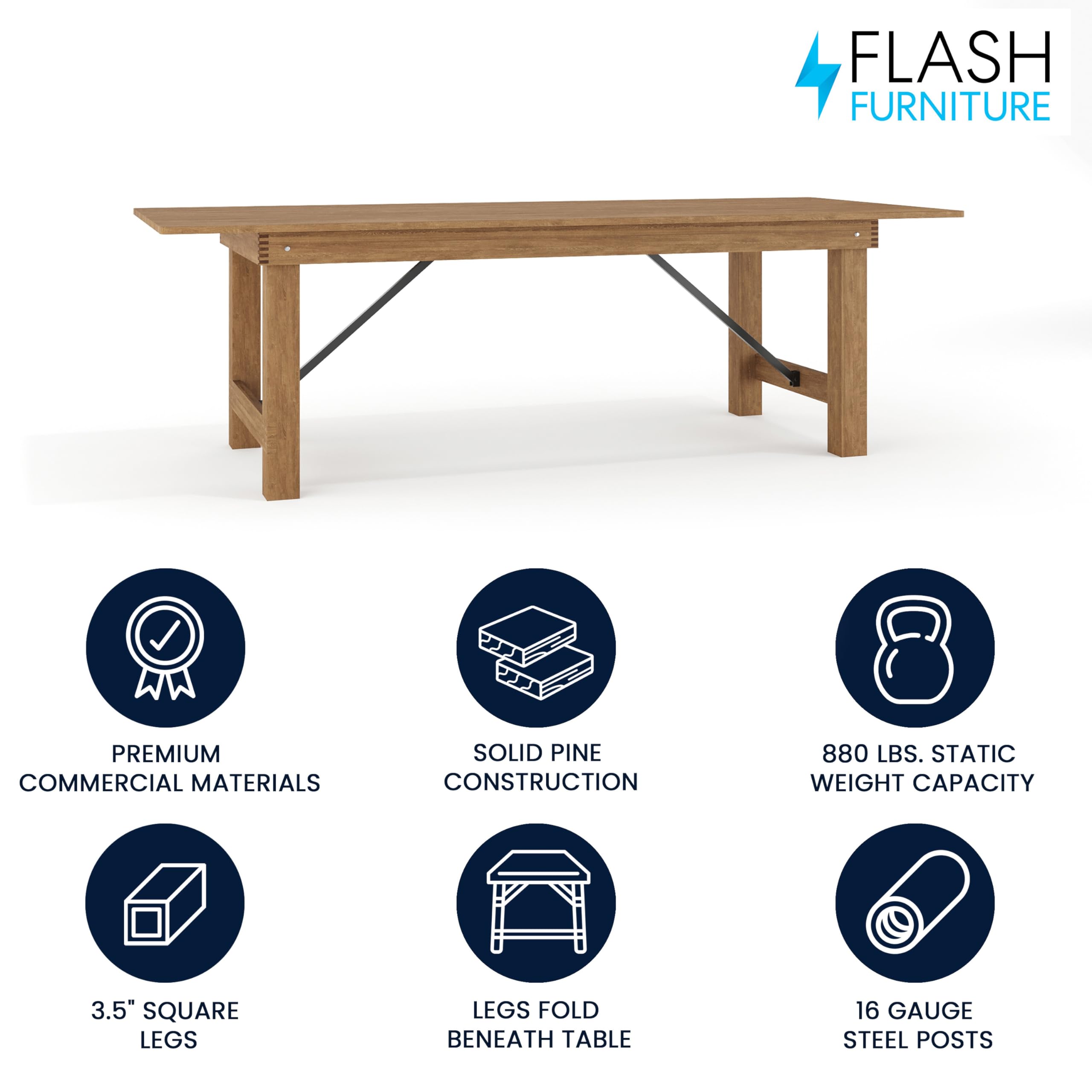 Flash Furniture Hercules Series 8' x 40" Rustic Solid Pine Folding Dining Table, Rectangular Antique Farmhouse Dining and Event Extension Table