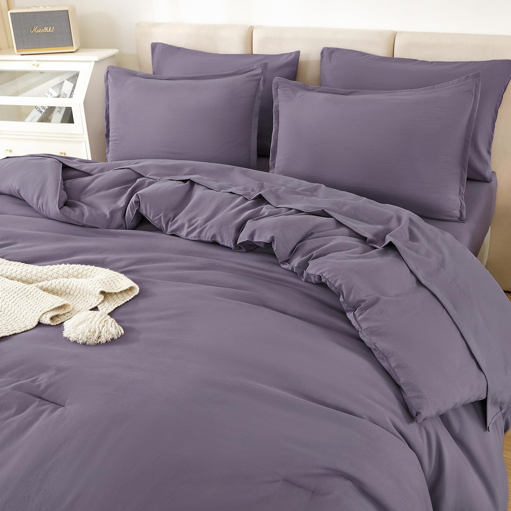 Litanika Full Size Comforter Sets Grey Purple - 7 Pieces Bed In A Bag Full Beddding Comforter Sets, Solid Lightweight Bed Set Wi
