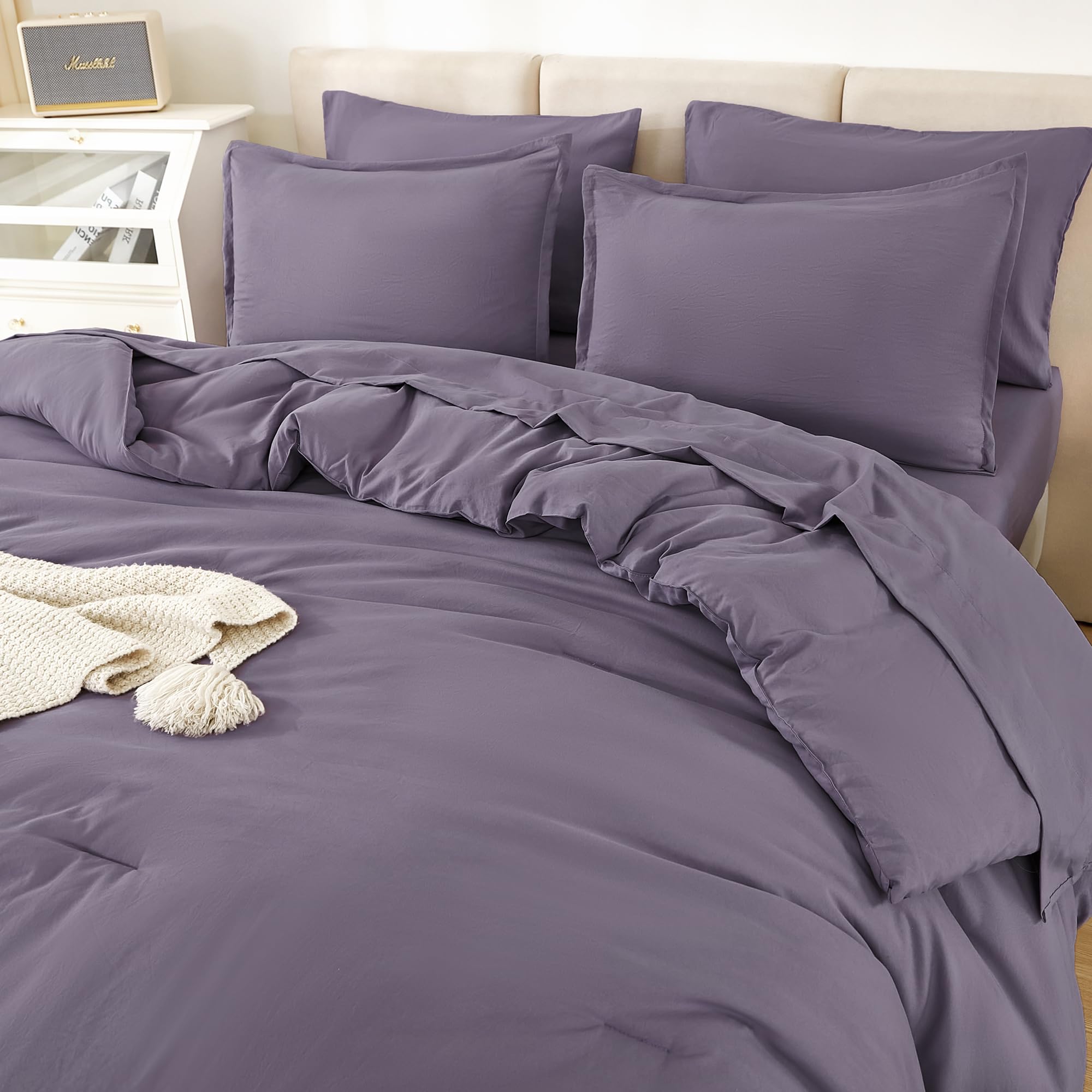 Litanika Full Size Comforter Sets Grey Purple - 7 Pieces Bed In A Bag Full Beddding Comforter Sets, Solid Lightweight Bed Set Wi
