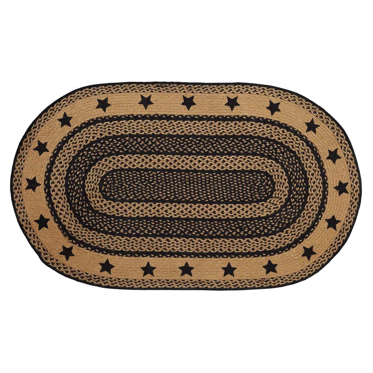 VHC Brands Farmhouse Primitive Black Jute Rug Oval Stencil Stars Border w/Pad 36x60