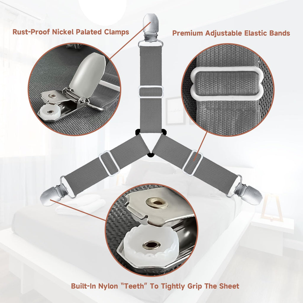 Bozenu Bed Sheet Straps, Upgrade Fitted Bed Sheet Holders For Corners, Non Slip Sheet Clips Grey 8Pcs