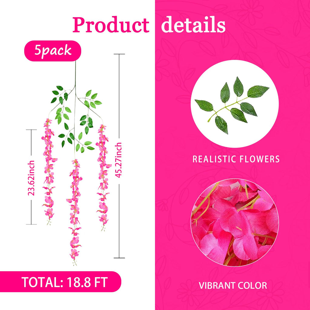 Luerbi 5 Pack Fuchsia Wisteria Hanging Flowers Garland, 3.77 Feet Fuchsia Artificial Wisteria Flower Vines, Fake Fuchsia Wisteri