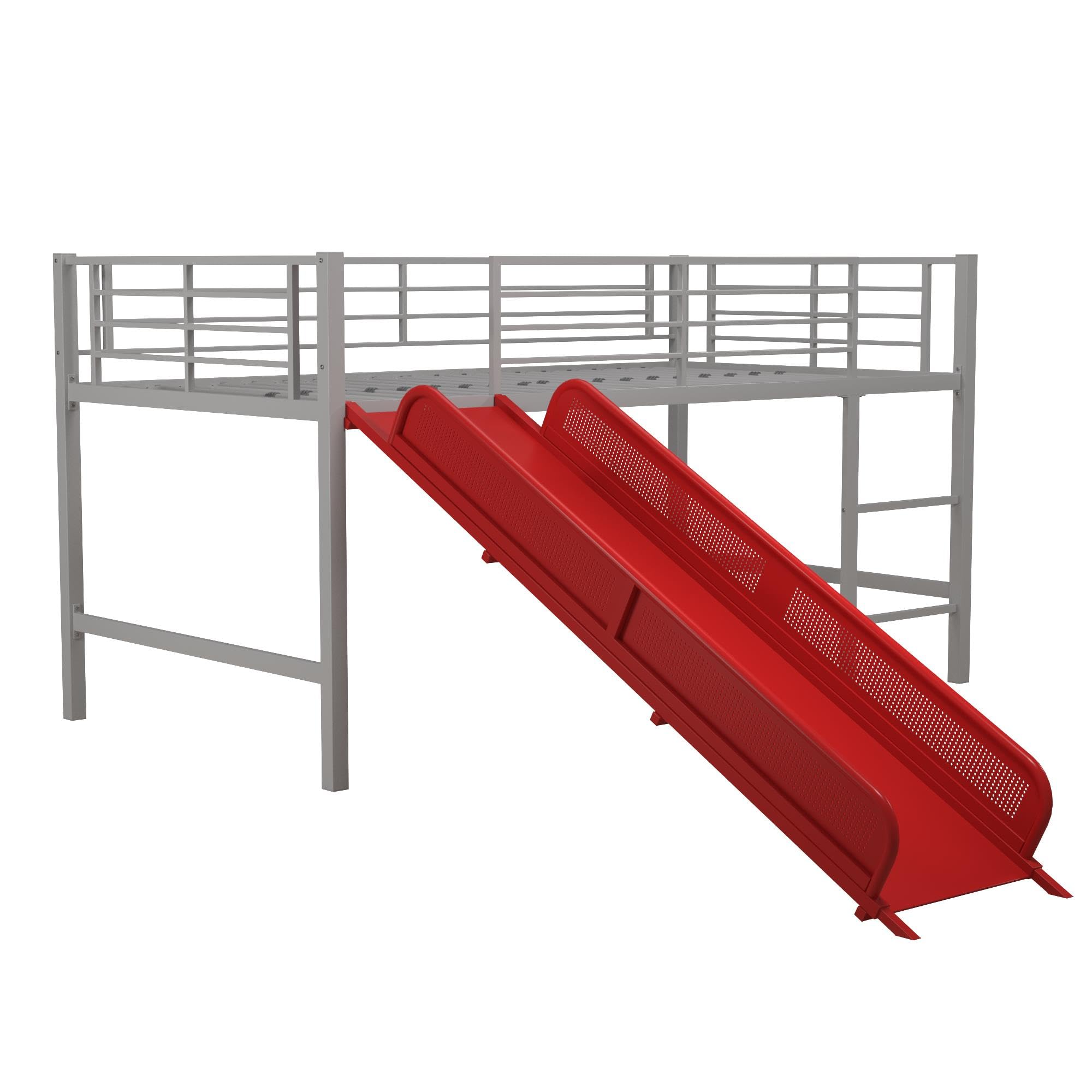 DHP Junior Twin Metal Loft Bed with Slide, Multifunctional Design, Silver with Red Slide
