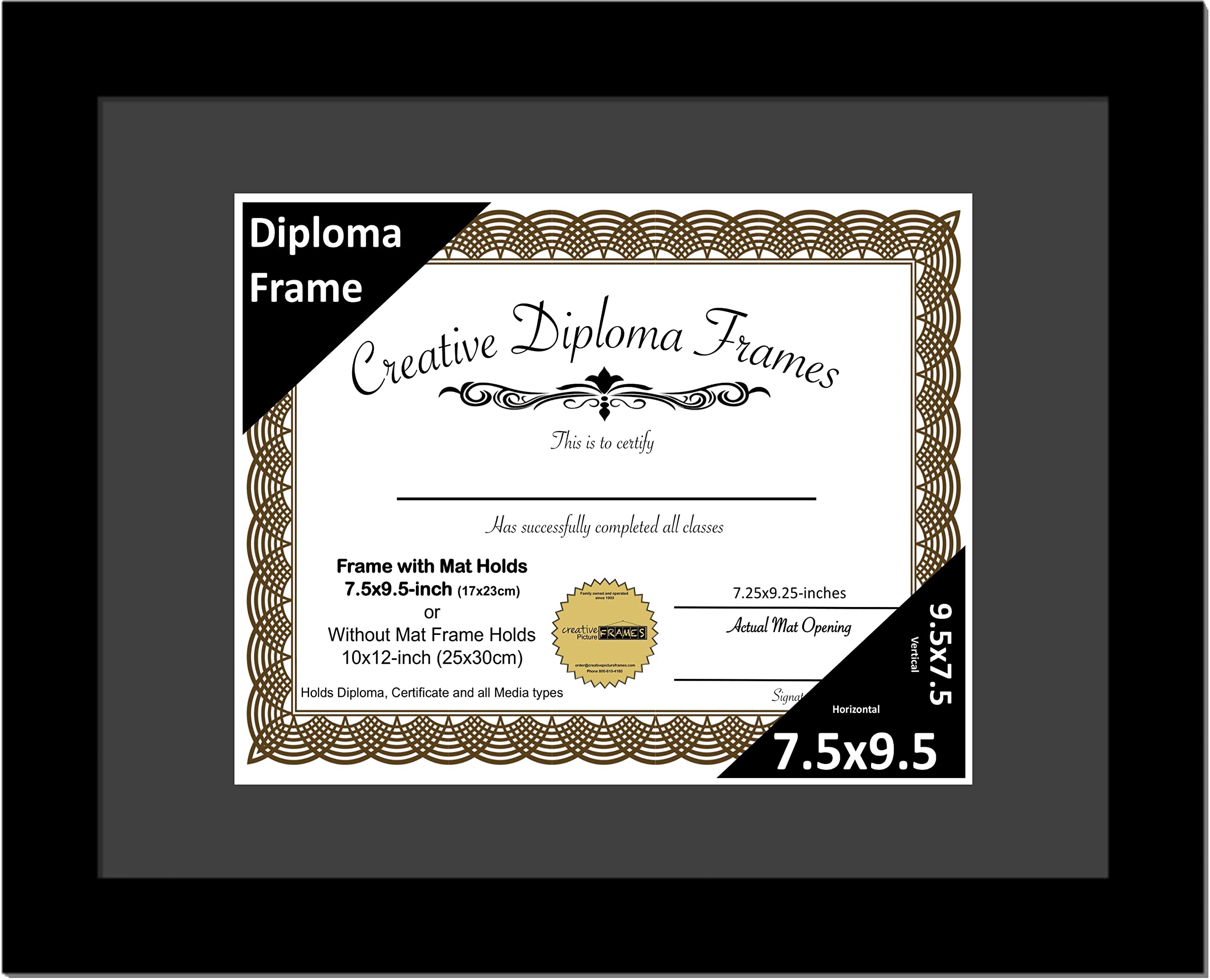 Creative Picture Frames 7.5x9.5 Classic Black Diploma Frame with Black Mat Glass Easel and Installed Wall Hangers | Frame Holds 