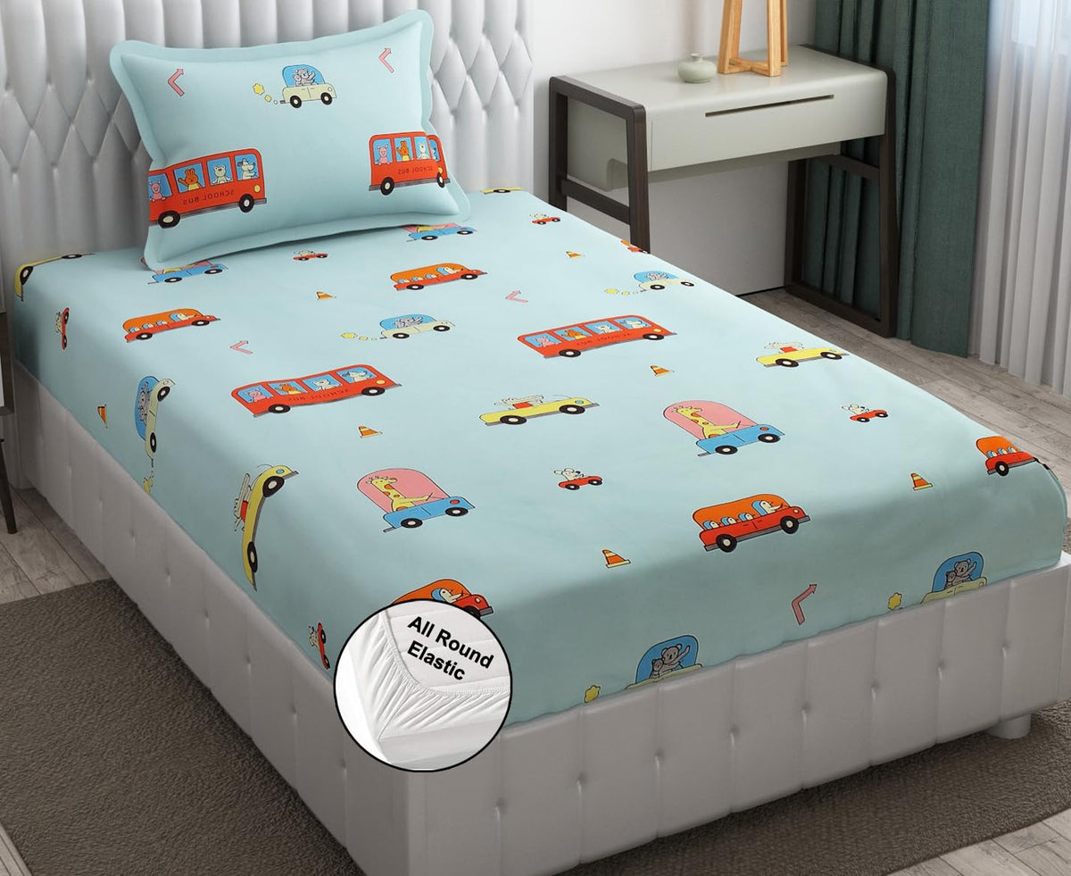 Fresh From Loom Kids Children Bedsheet With Cartoon Print Design, Microfiber 300 Tc Bedding Fabric, Bedsheet Set With 1 Pillow C