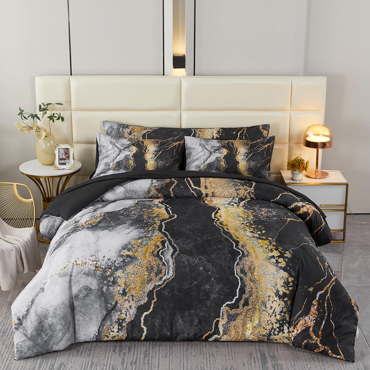 Perfemet 6 Pcs Bed In A Bag Black Watercolor Marble Printed Comforter Set For Queen Bed Burning Mountain Pattern Bedding Set Wit