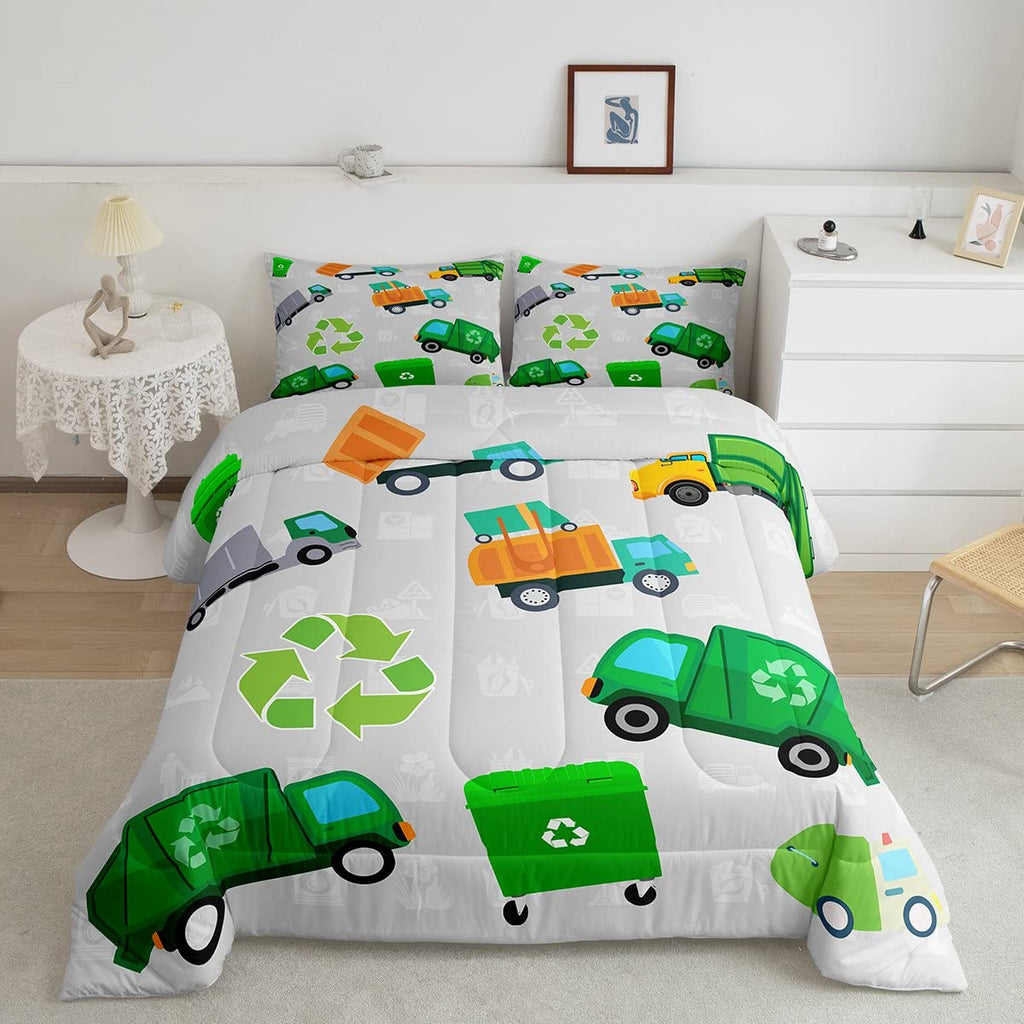 Feelyou Green Garbage Truck Twin Size Bedding Set Cartoon Trash Truck Comforter Set for Kids Boys Girls Teens Green Vehicle Car 