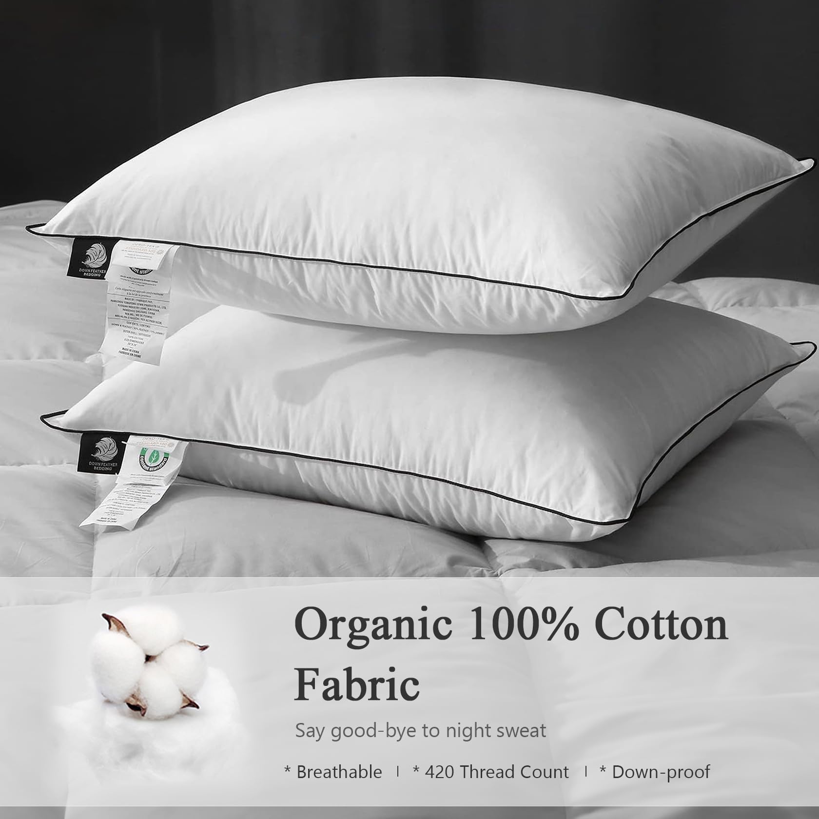 Dwr Goose Feather Down Pillow For Sleeping 2 Pack, Queen Size Organic Cotton Hotel-Style Bed Pillow Inserts, Soft Medium Pillow