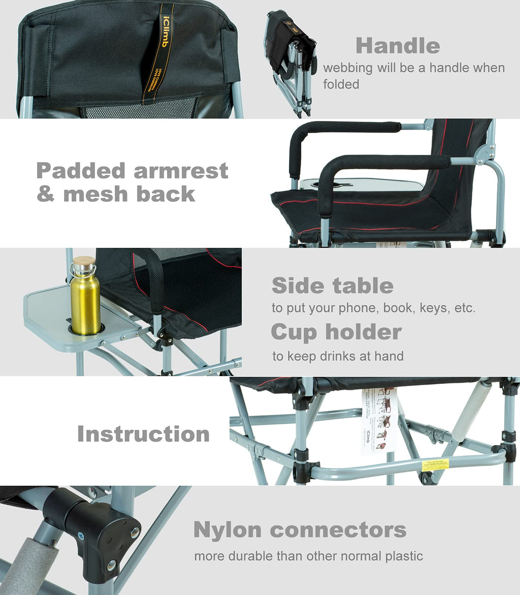 Iclimb Heavy Duty Compact Camping Folding Mesh Chair With Side Table And Handle (Black)
