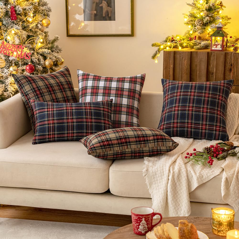 Miulee Christmas Set Of 2 Scottish Tartan Plaid Throw Pillow Covers Farmhouse Classic Decorative Cushion Cases For Home Decor Sofa Couch 12X20 Inch, Red And White