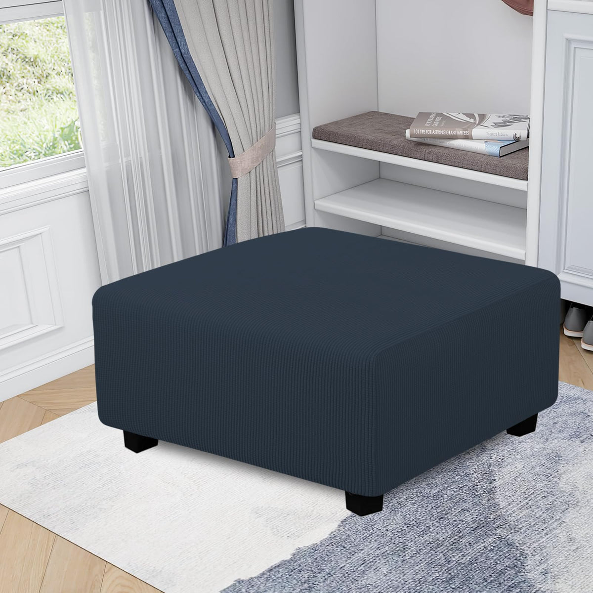 Easy-Going Stretch Square Ottoman Cover 40X40X15 Inch Folding Storage Stool Furniture Protector Soft Rectangle Slipcover With Elastic Bottom Dark Blue