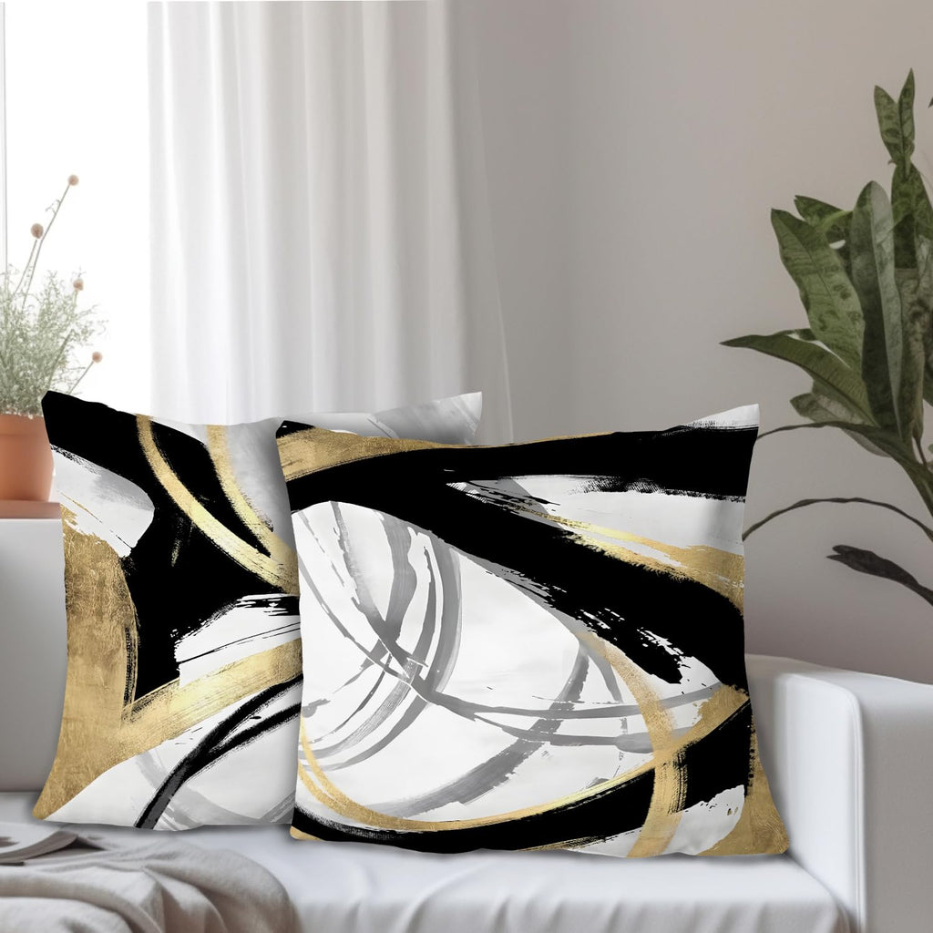 Supwhd Black White And Gold Pillow Covers, Abstract Black And Gold Pillow Covers 20X20 Set Of 2, Modern Boho Home Decor, Black A