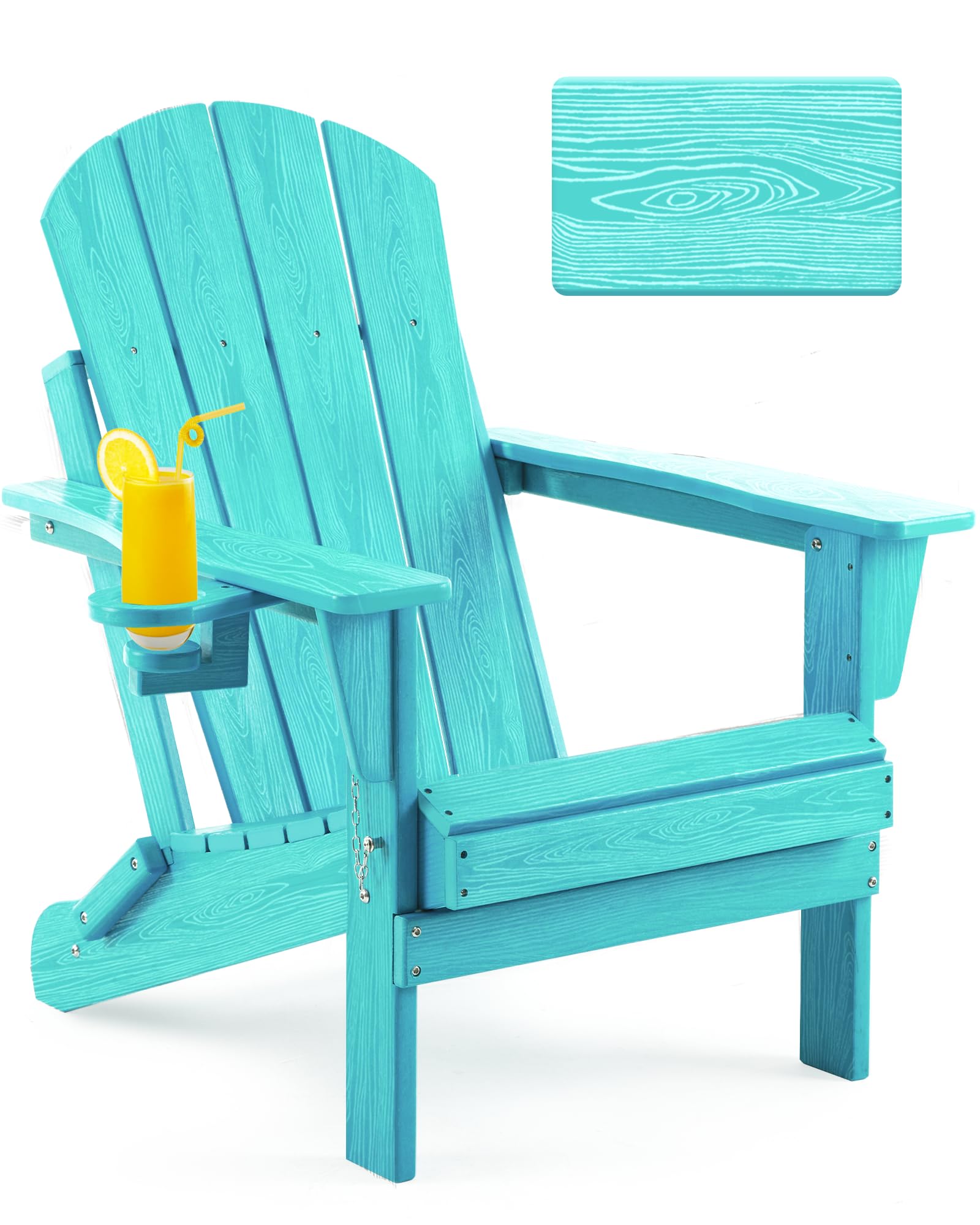 Serique Folding Adirondack Chair, Patio Chair Weather Resistant, Outdoor Chair Wood Texture, Lawn Chair With Cup Holder, Fire Pit Chair For Deck, Outdoor, Porch, Backyard, Garden (Lake Blue)