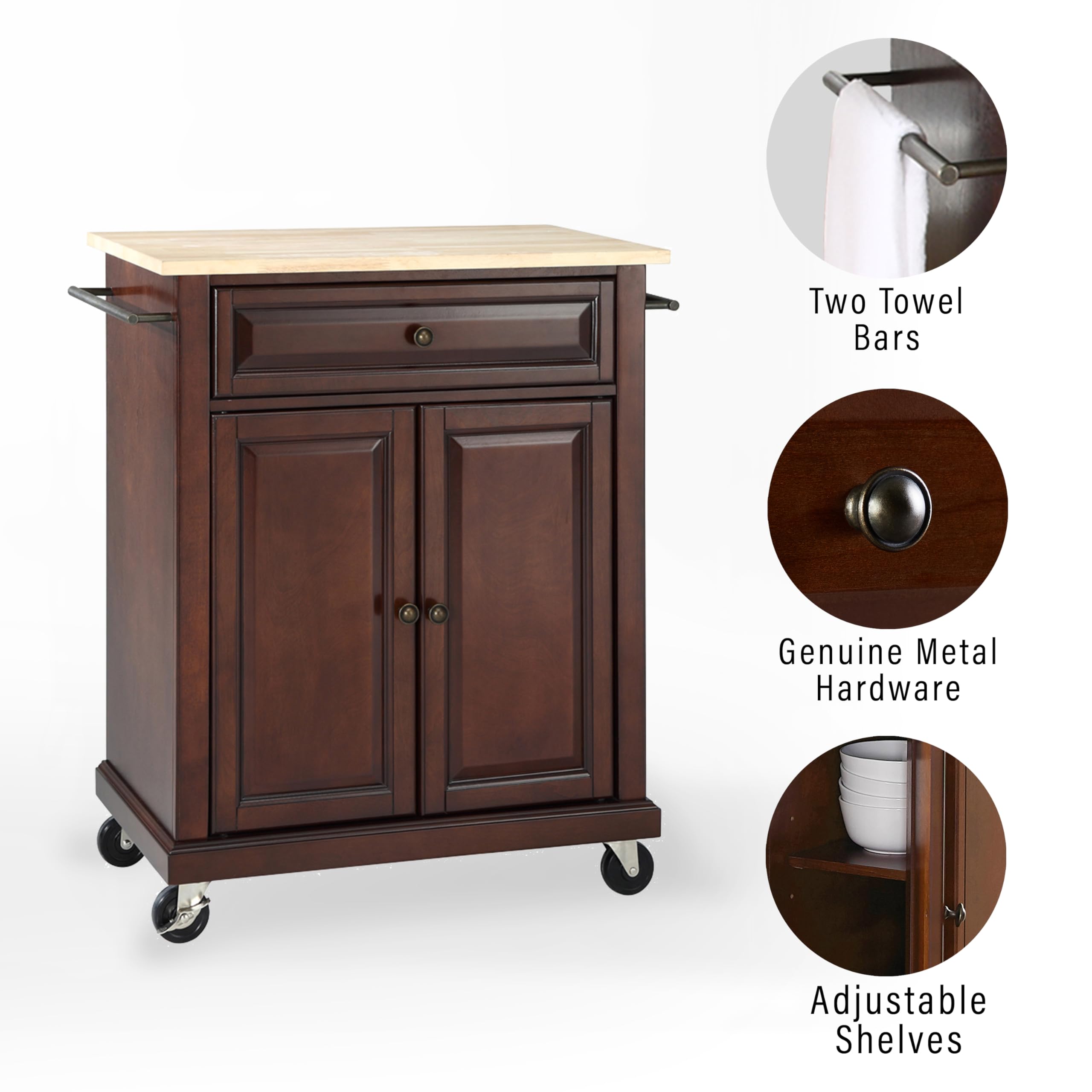 Crosley Furniture Compact Wood Top Small Rolling Cart with Shelves, Microwave Stand with Towel Rack, Mahogany
