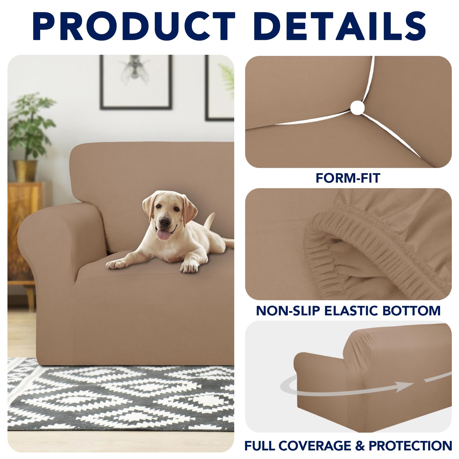 Purefit 100% Dual Waterproof Couch Cover Slipcovers For Couches And Sofas - Stretch Non Slip Fleece Sofa Covers Washable, Leakproof Furniture Protector For Kids, Pets, Dog (Sofa, Camel)