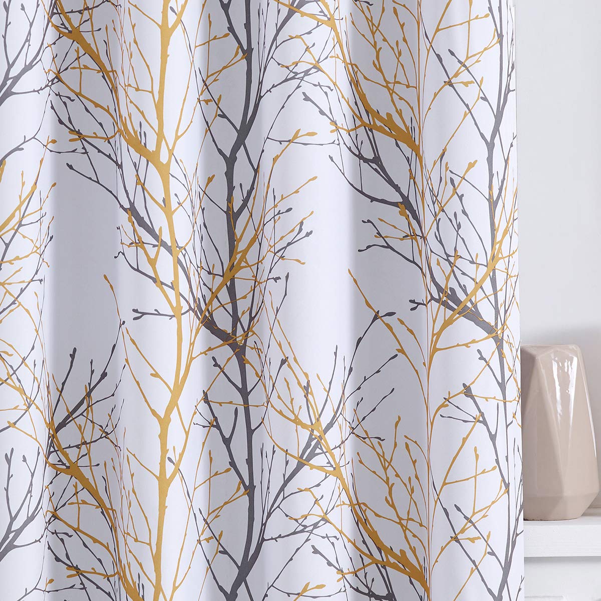 FMFUNCTEX 100% Blackout Curtains Yellow White Tree Liner Curtains for Bedroom, Branch Partterned Curtains 63 inch Length for Liv