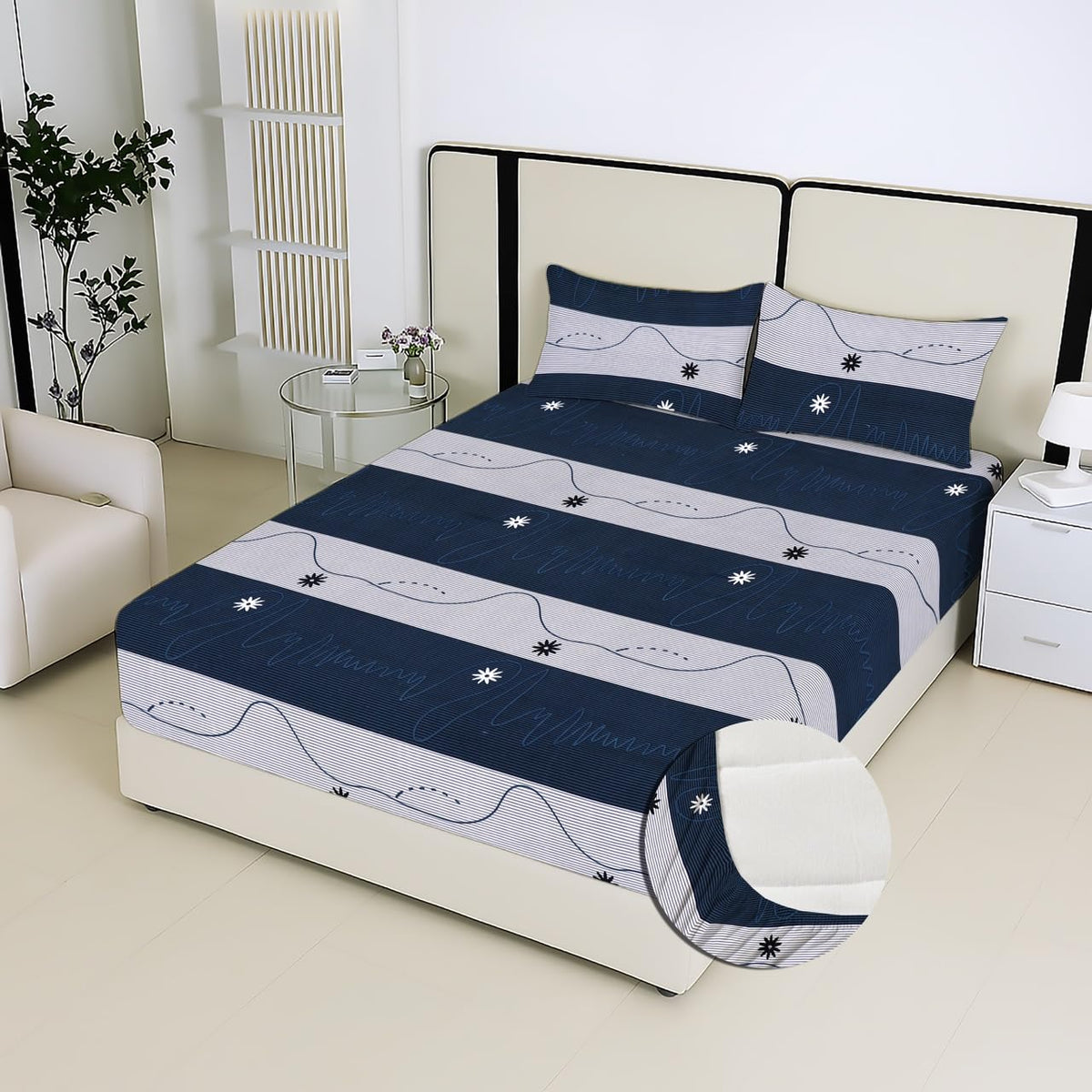 Double Fitted Bedsheet 72 X 78 Inch With 2 Pillow Covers | Cotton Blend Elastic Fitted Bed Sheet For Double Bed | Soft, Breathab