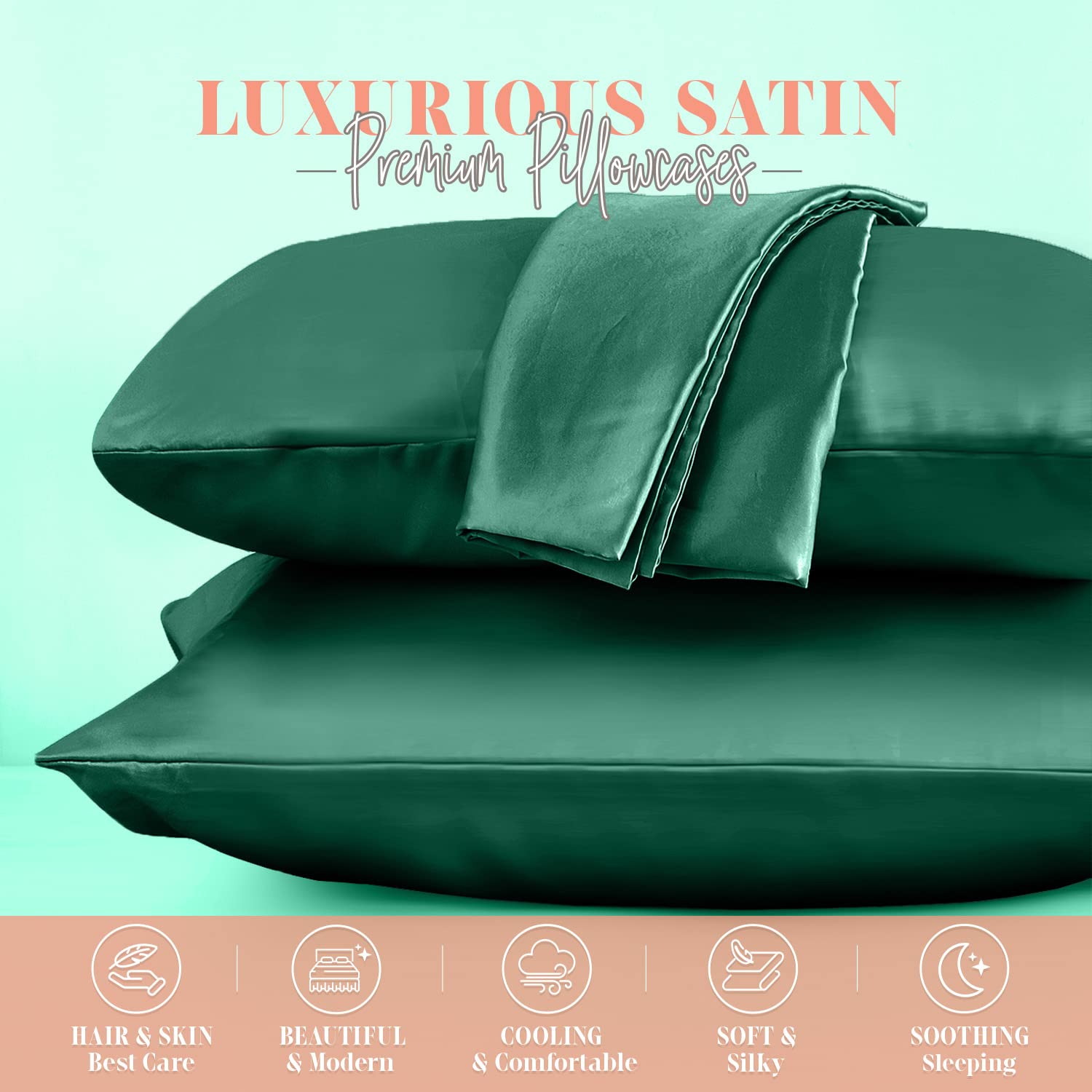 Elegant Comfort Silky And Luxurious 2-Piece Satin Pillowcase Set For Healthier Skin And Hair, Hidden Zipper Closure And Beautifully Packaged, Satin Pillowcase Set, Standard/Queen, Hunter Green