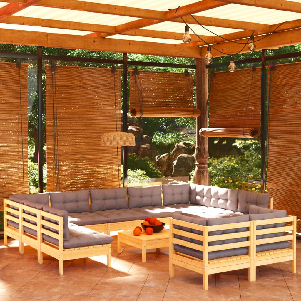 vidaXL Solid Pinewood Patio Lounge Set - 12 Pieces with Gray Cushions, Flexible Configuration, Comfortable Seating, Easy Maintenance, Assembly Required