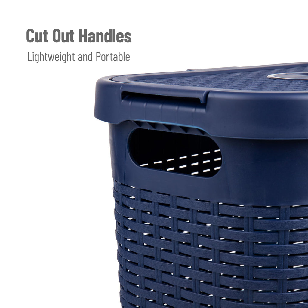 Mind Reader 40L Slim Laundry Hamper, Clothes Basket, Lid, Wicker Design, Plastic, 18''L X 10.4''W X 23.5''H, Navy