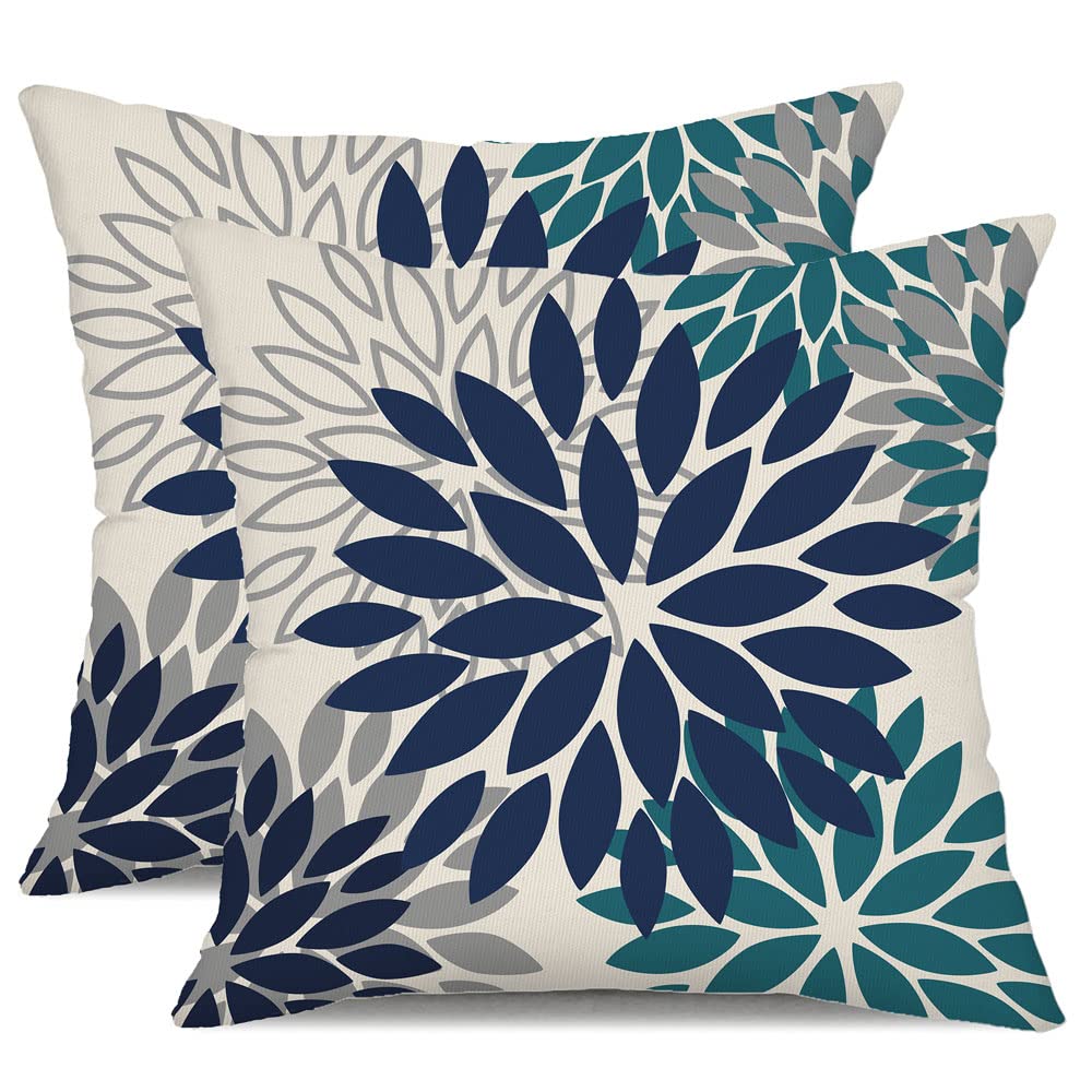 Dfxsz Navy Blue Flower Pillow Covers 16X16 Inch Set Of 2 Outdoor Throw Pillows Outdoor Waterproof Decor For Living Room Sofa Pat