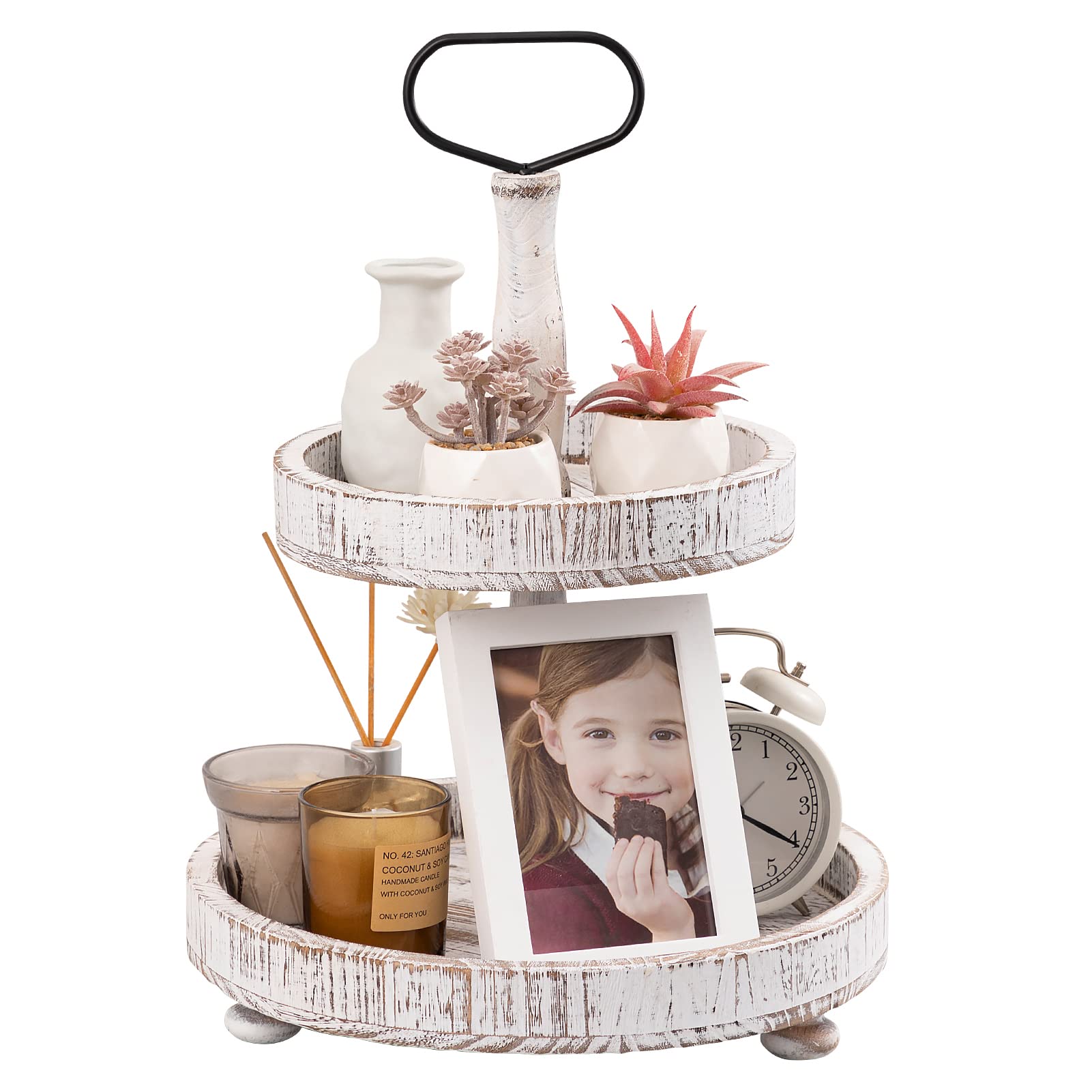 Farmhouse Two Tiered Wooden Tray Stand, UBTKEY 2 Tier Wood Round Decorative Tray with Metal Handle for Rustic Home Decor Seasona