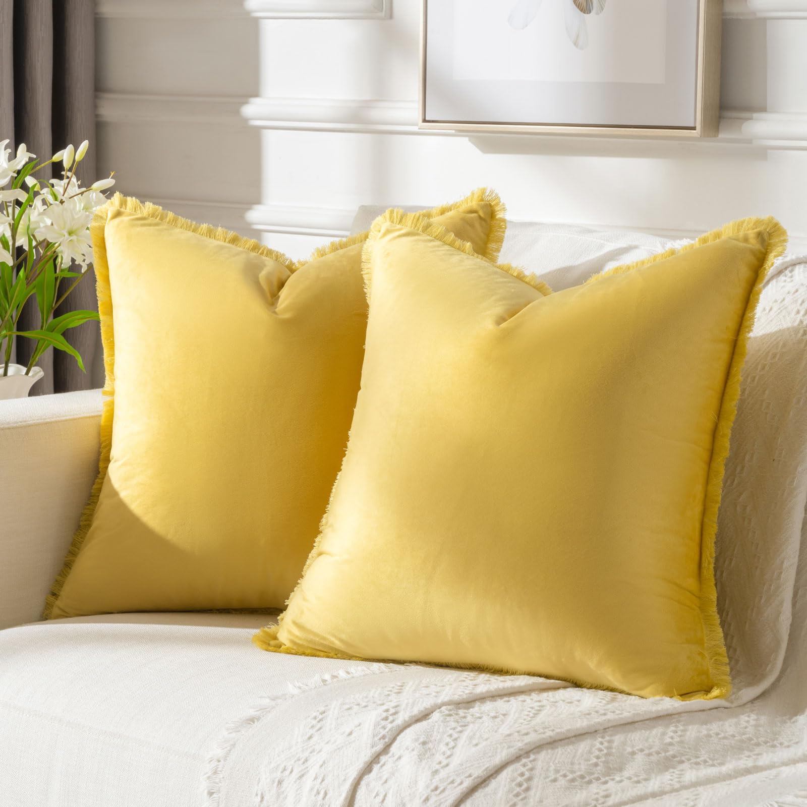 FUTEI Lemon Yellow Boho Throw Pillow Covers with Tassels 20x20 Inch Set of 2,Soft Velvet Decorative Cushion Case,Home Decor for 