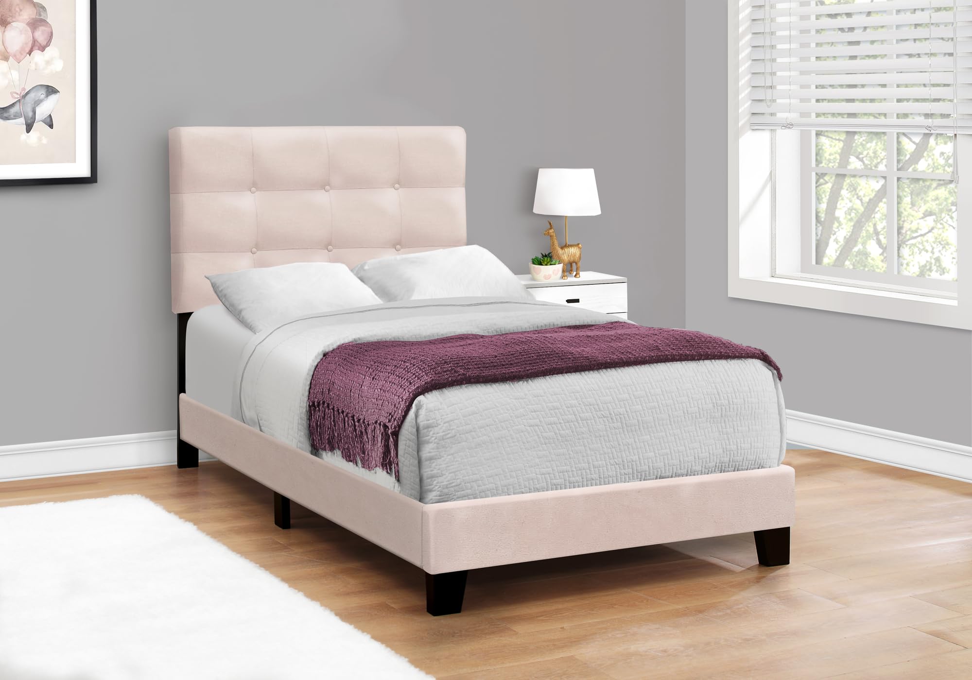 Monarch Specialties I 5916T Bed, Twin Size, Upholstered, Bedroom, Frame Only, Youth, Teen, Juvenile, Pink Velvet