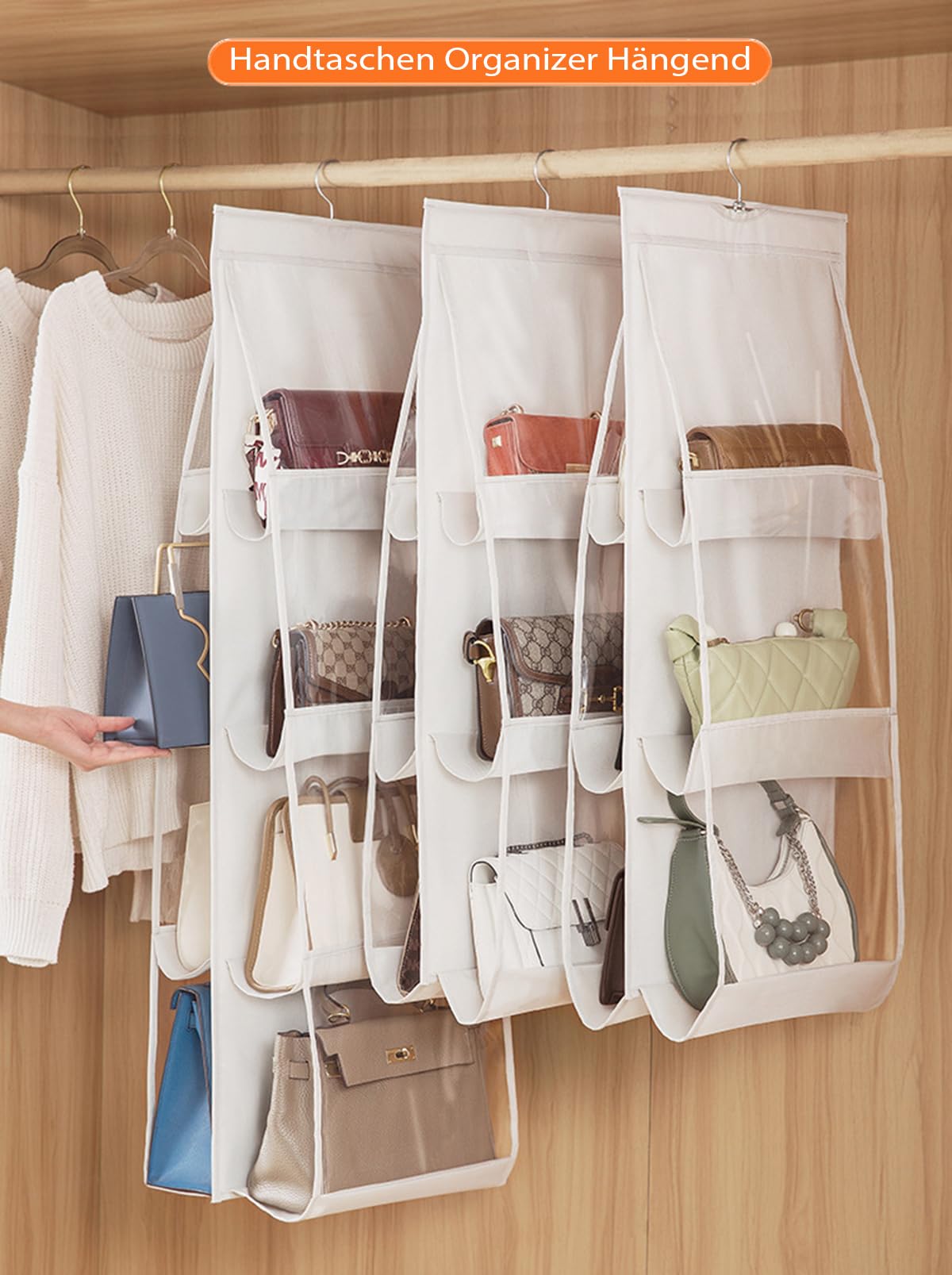 Aarainbow 2 Packs Hanging Handbag Purse Organizer For Closet, 8 Pockets Space Saving Purse Storage Organizers, Wardrobe Bag Organizer Pocketbook Organizer, 45.7 L X 14.1W (2 Light Gray)