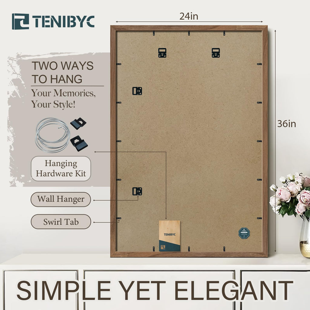 Tenibyc 24X36 Poster Frame Set Of 3 - Brown Walnut, Natural Solid Wood Picture Frame, Wall Hanging