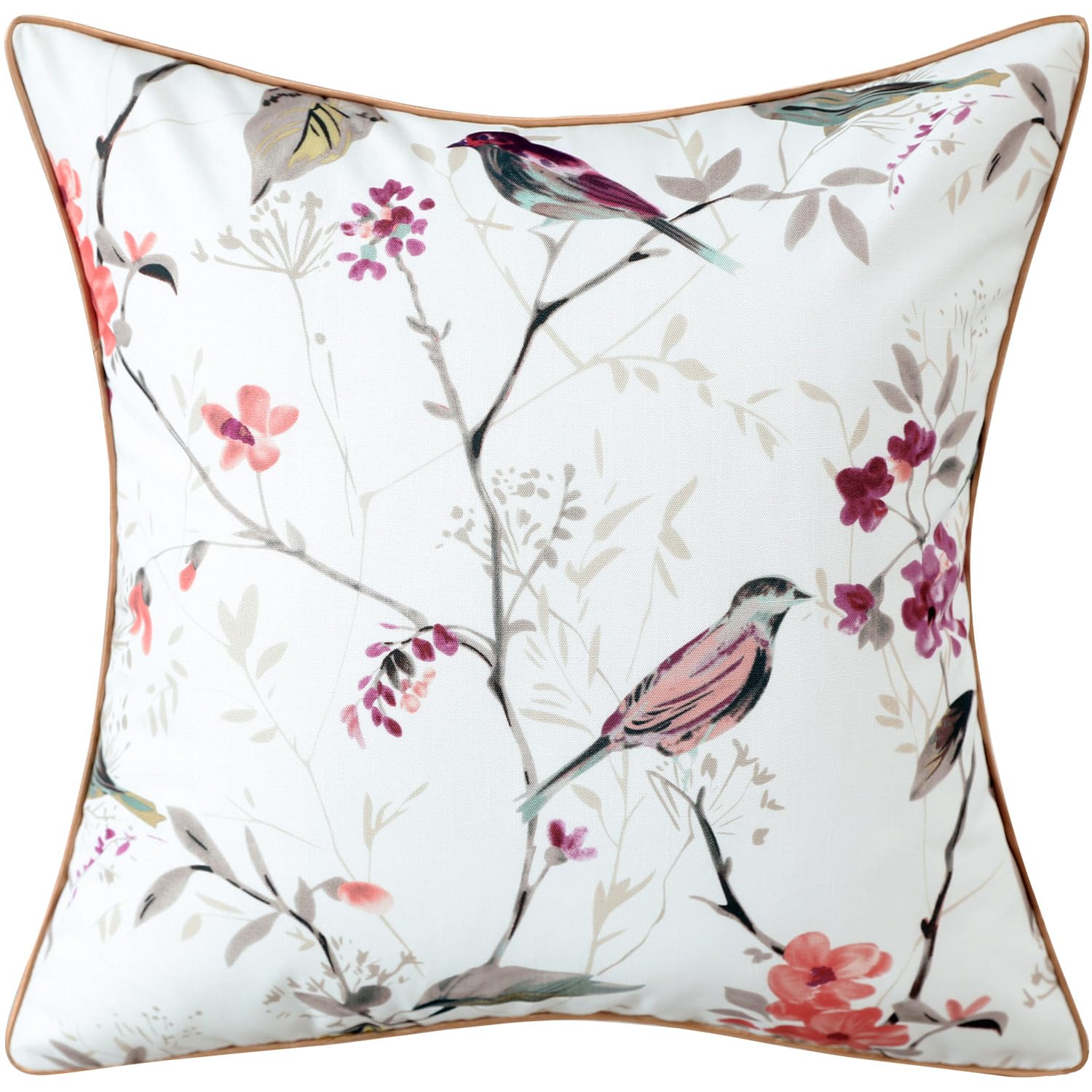 Vogol 18 Inches Square Throw Pillow Cover, Farmhouse Style Bird Pattern Decorative Throw Pillowcase, Linen Textured Cushion Cove
