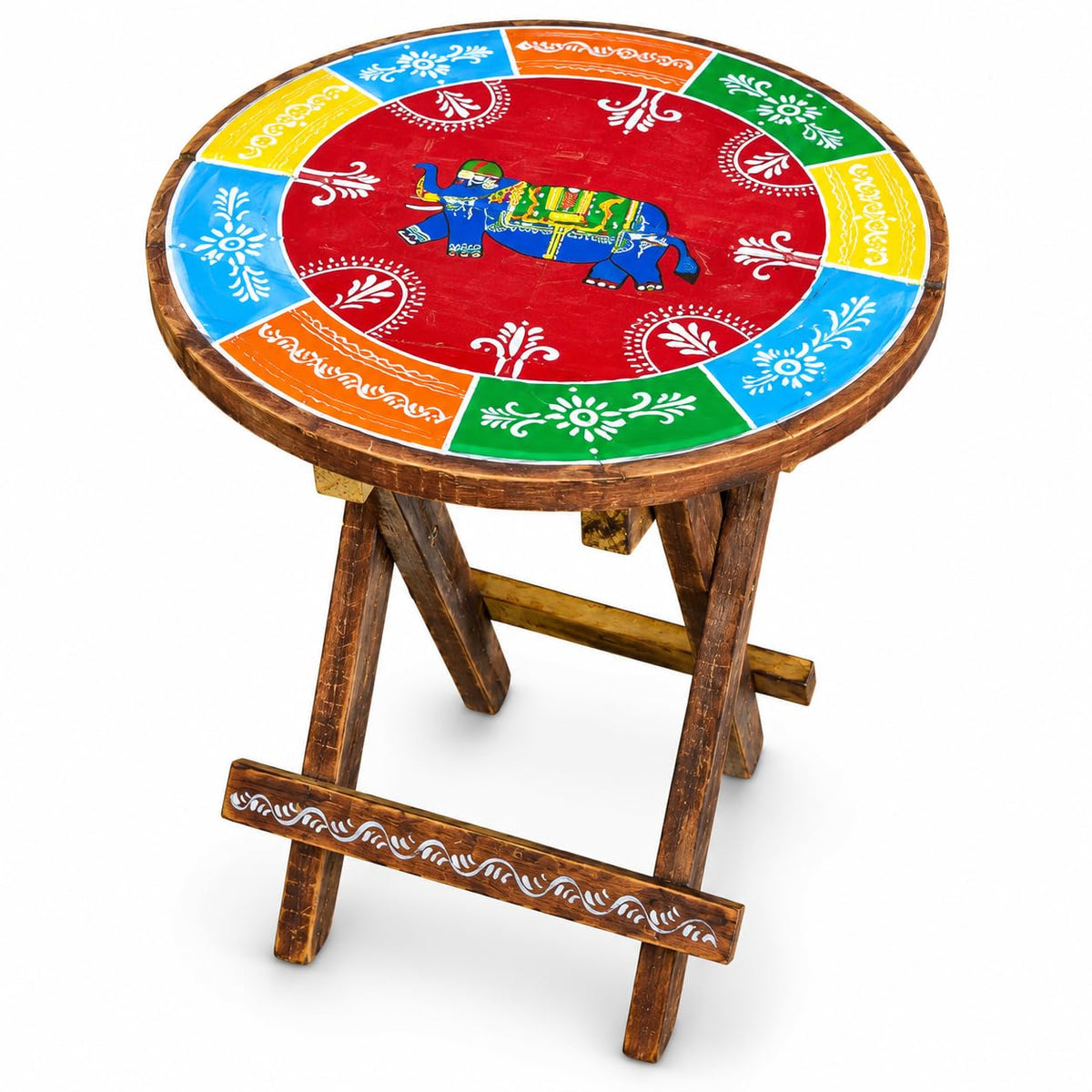 Handpainted Round Folding Wooden Side Table | Rajasthani Elephant Art | Multicolour Bohemian Style Accent Table | 2 Step Folding