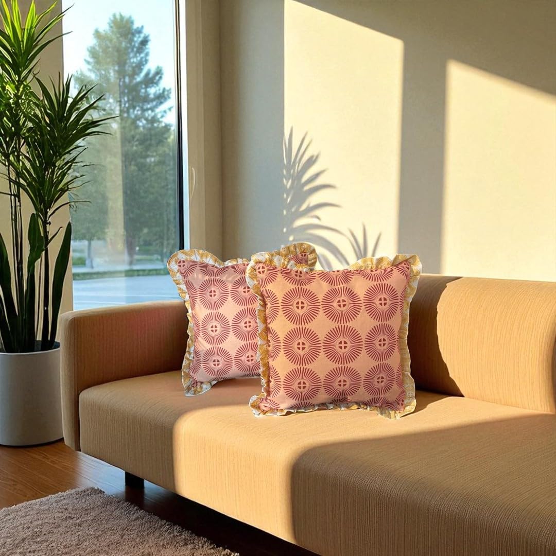 Lushlyf Terracotta Sunburst Ruffle Cushion Cover 18X18 Inch  Cotton Sun Print Throw Pillow With Golden Ruffle Edge  Boho Decor