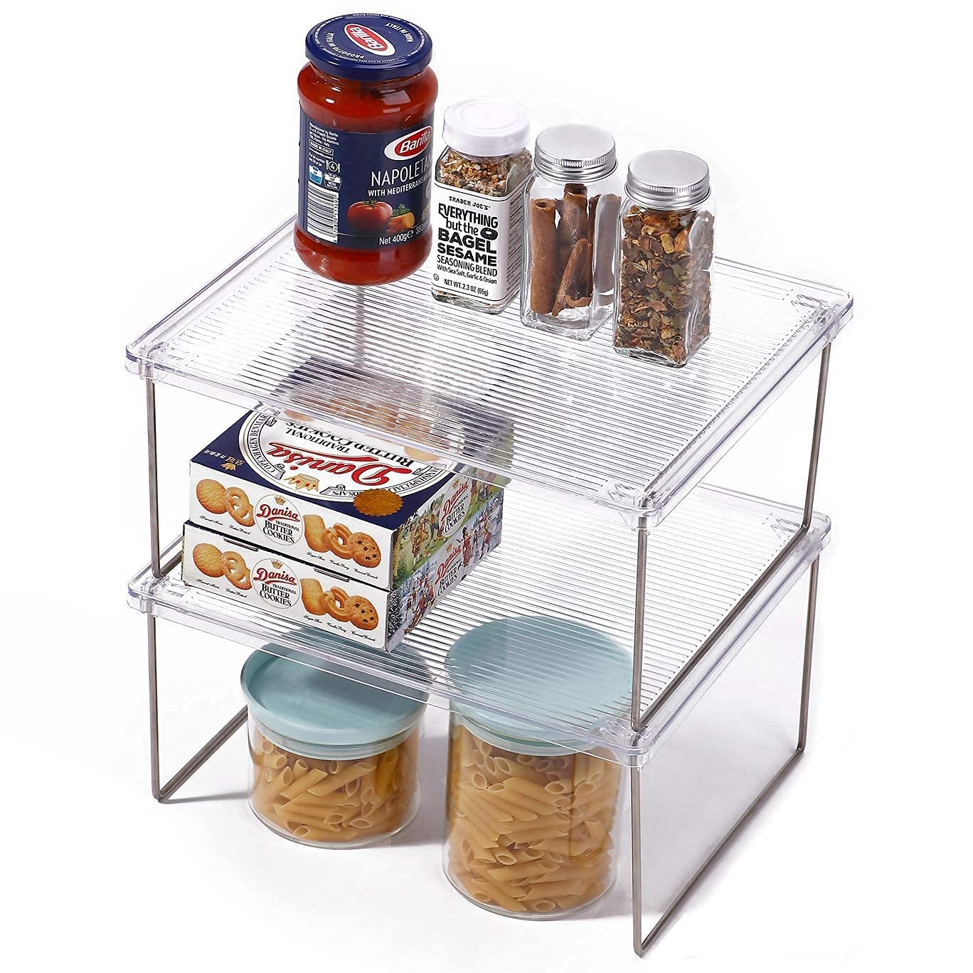 Ivyhome Pantry Organizer, Cabinet Storage Shelf Rack, Stackable Kitchen Cabinet, Foldable Countertop Shelf Organizer, 2 Pack