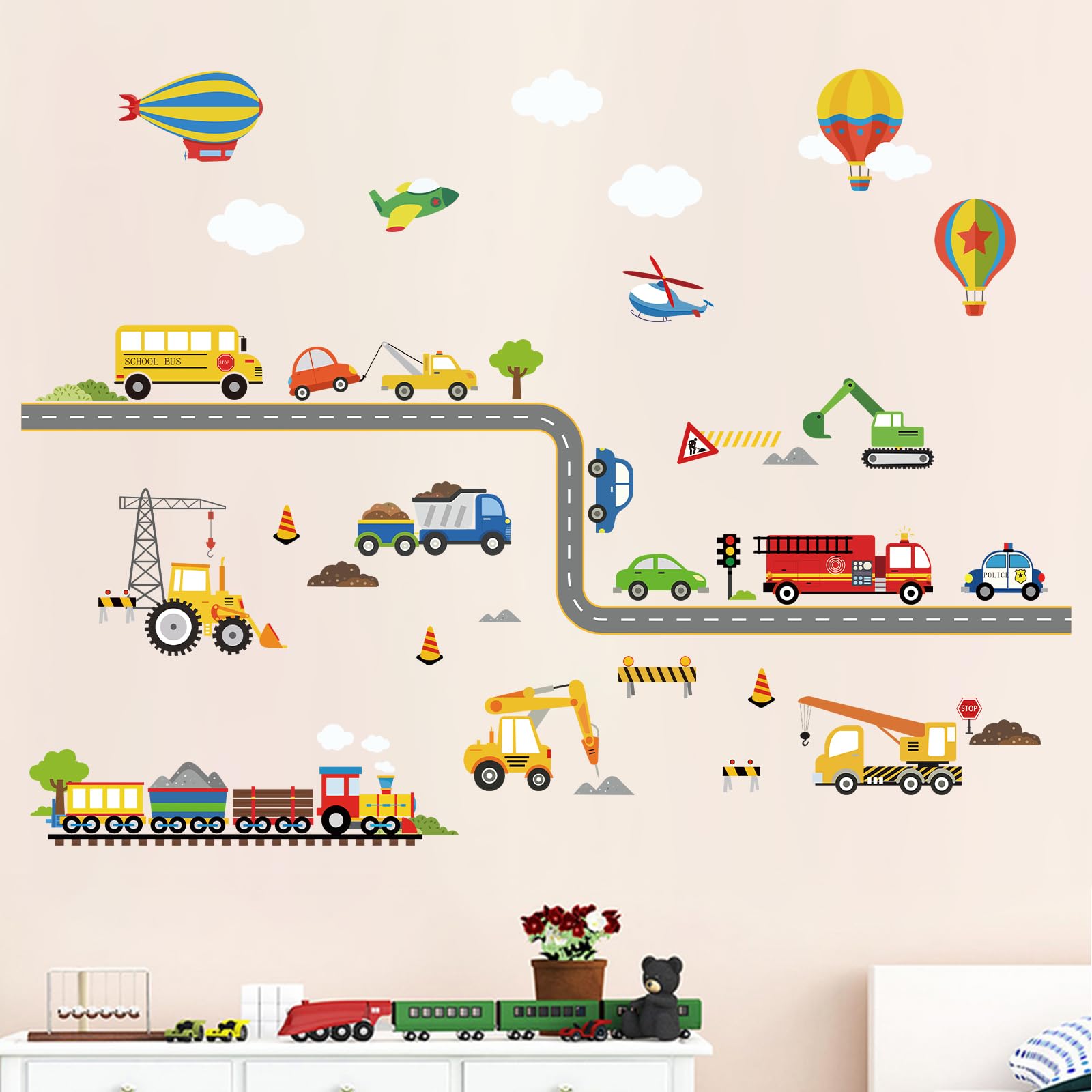 decalmile Construction Transportation Wall Decals Car Truck Plane Boys Wall Stickers Kids Bedroom Baby Nursery Playroom Wall Dec