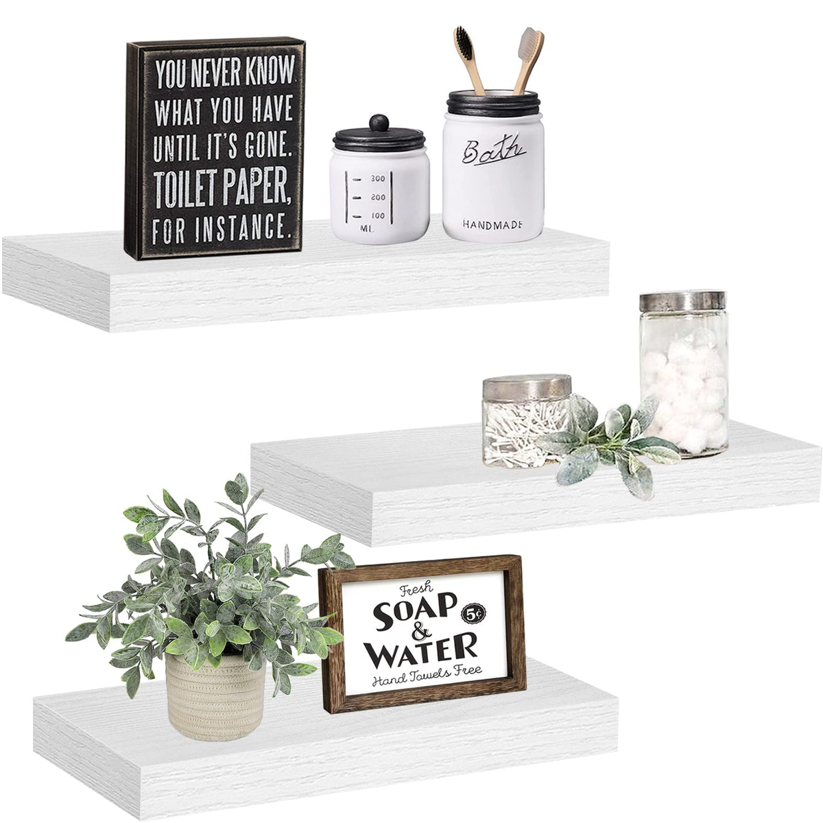 Qeeig White Floating Shelves Bathroom Decor- Wall Mounted Shelf Bedroom Modern Small 15 Inch Set Of 3