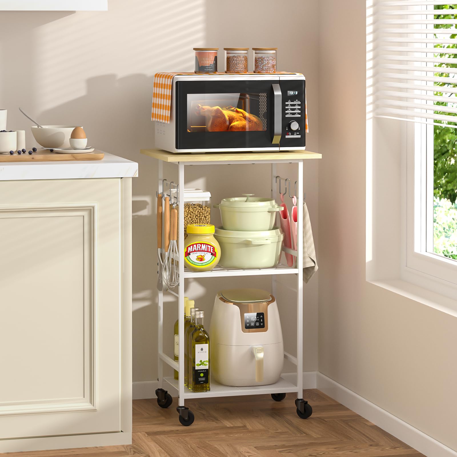 ThreeHio Rolling Kitchen Microwave Cart, 3 Tier Microwave Table Stand with Adjustable Shelf, Kitchen Storage Rack on Wheels, Cof