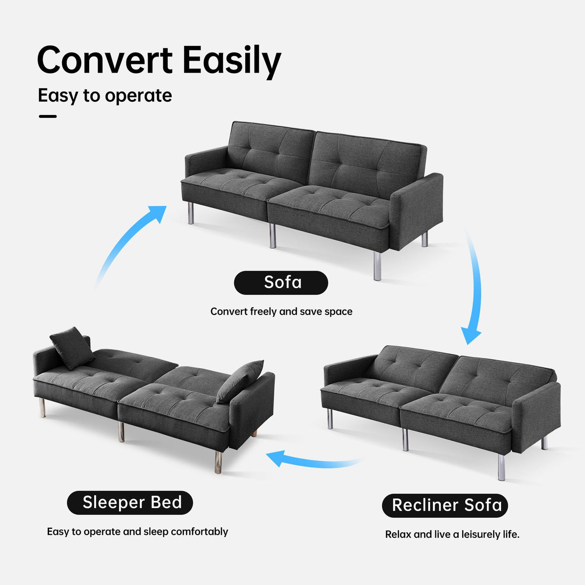 American Furniture Classics Dark Grey Tufted Futon Convertible Sofa Sleeper with Two Throw Pillows Velvet, 85" x 35" x 35"