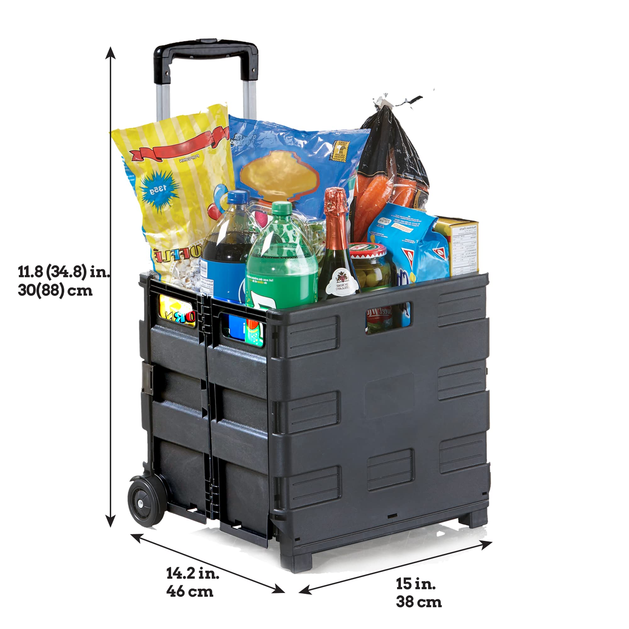 Inspired Living Ultra-Slim Rolling Collapsible Storage Pack-N-Roll Utility-Carts, With Telescopic Handle, For Home, Garden, Shopping, Office, School Use, Medium, Black