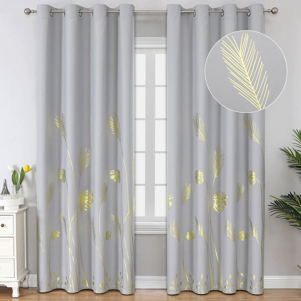 Estelar Textiler Light Grey Blackout Curtains 108 Inches Long, Gold Palm Tree Pattern Light Gray Curtains, Light Blocking Therma
