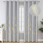 Estelar Textiler Light Grey Blackout Curtains 108 Inches Long, Gold Palm Tree Pattern Light Gray Curtains, Light Blocking Therma