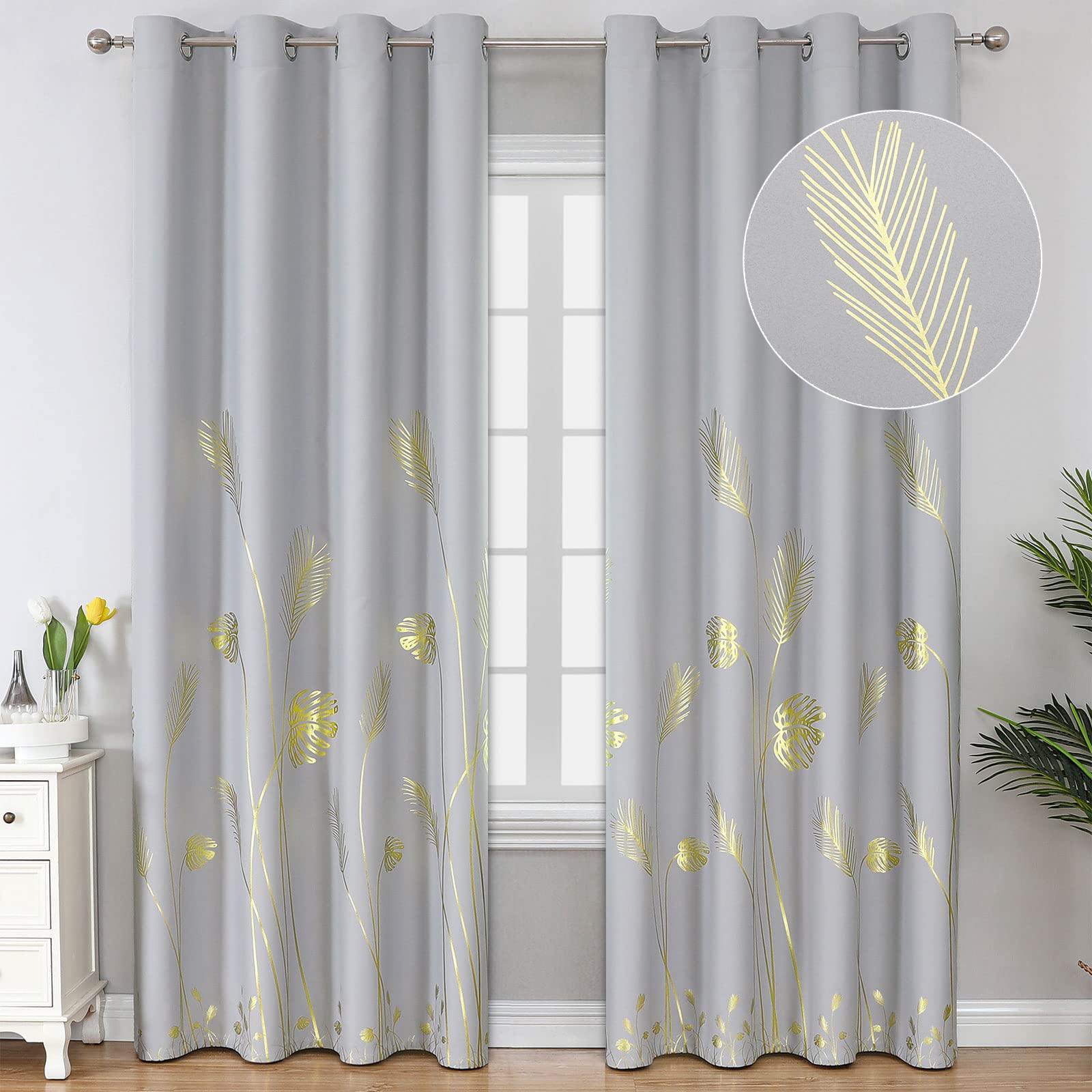 Estelar Textiler Light Grey Blackout Curtains 108 Inches Long, Gold Palm Tree Pattern Light Gray Curtains, Light Blocking Therma
