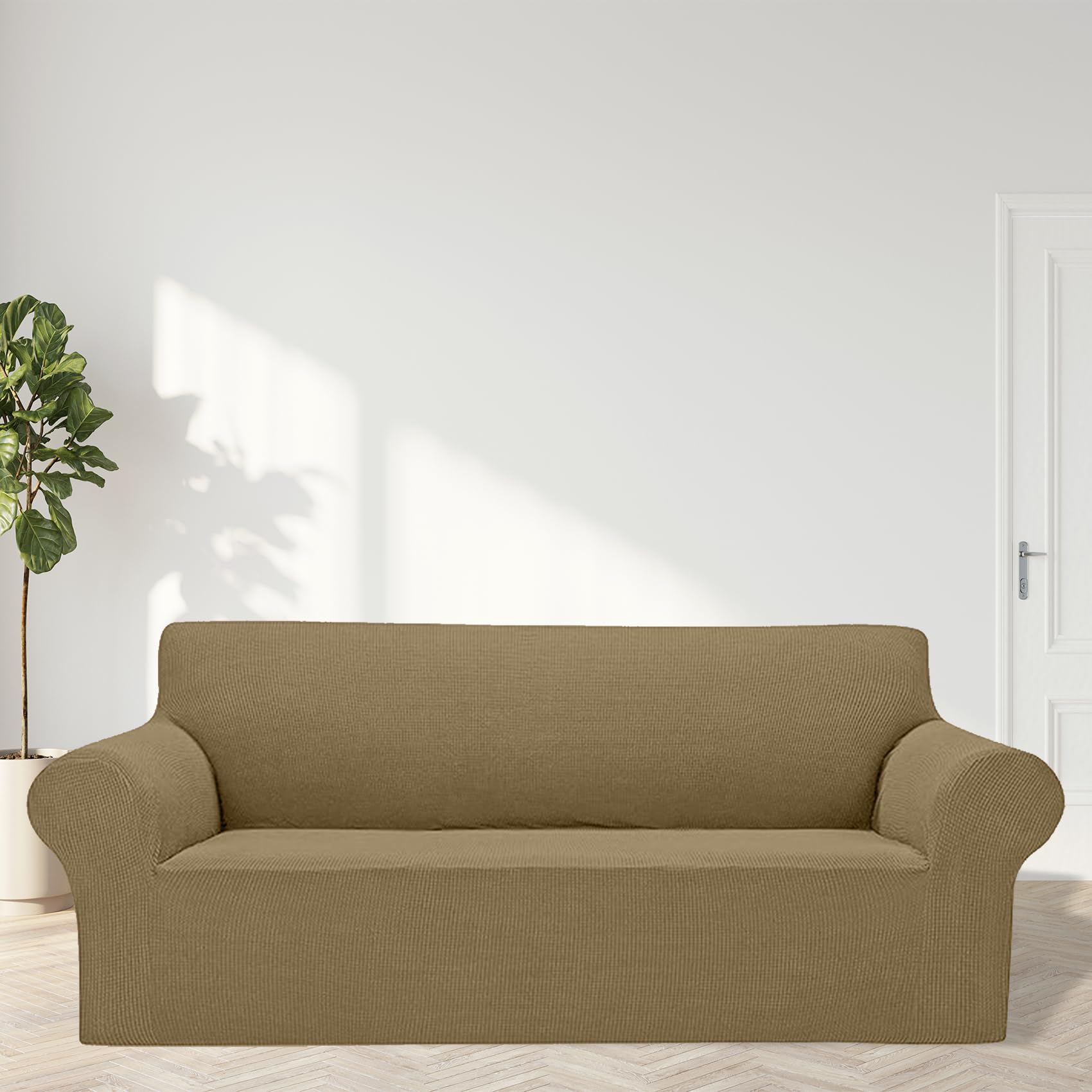 2025 New Stretch Sofa Slipcovers Couch Cover For 3 Cushion Furniture Protector Sofa Covers With Elastic Bottom Jacquard Fabric Small Checks For Pets, Kids -Sofa, Tan
